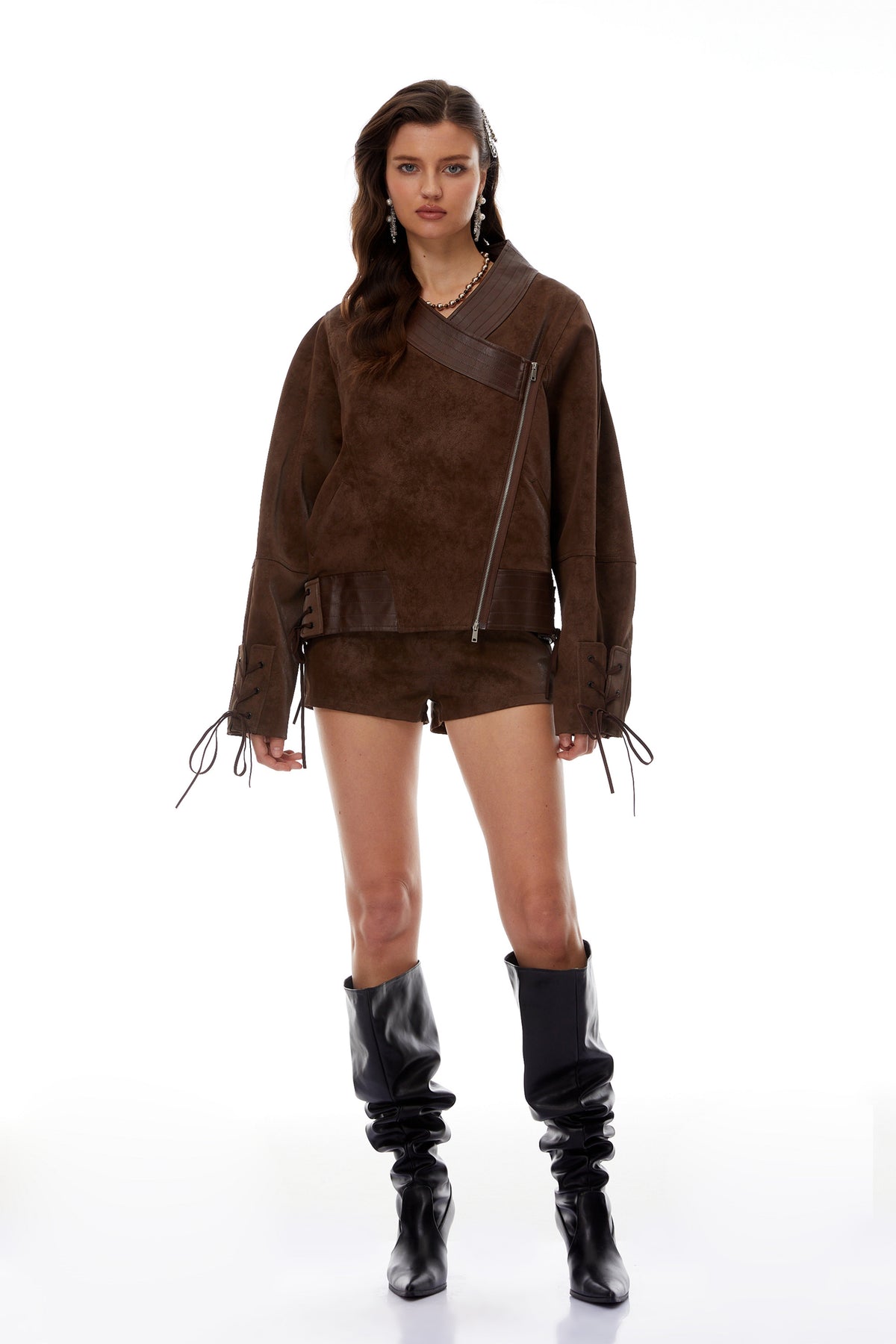 Mélanie Brown Suede Jacket & Shorts Set