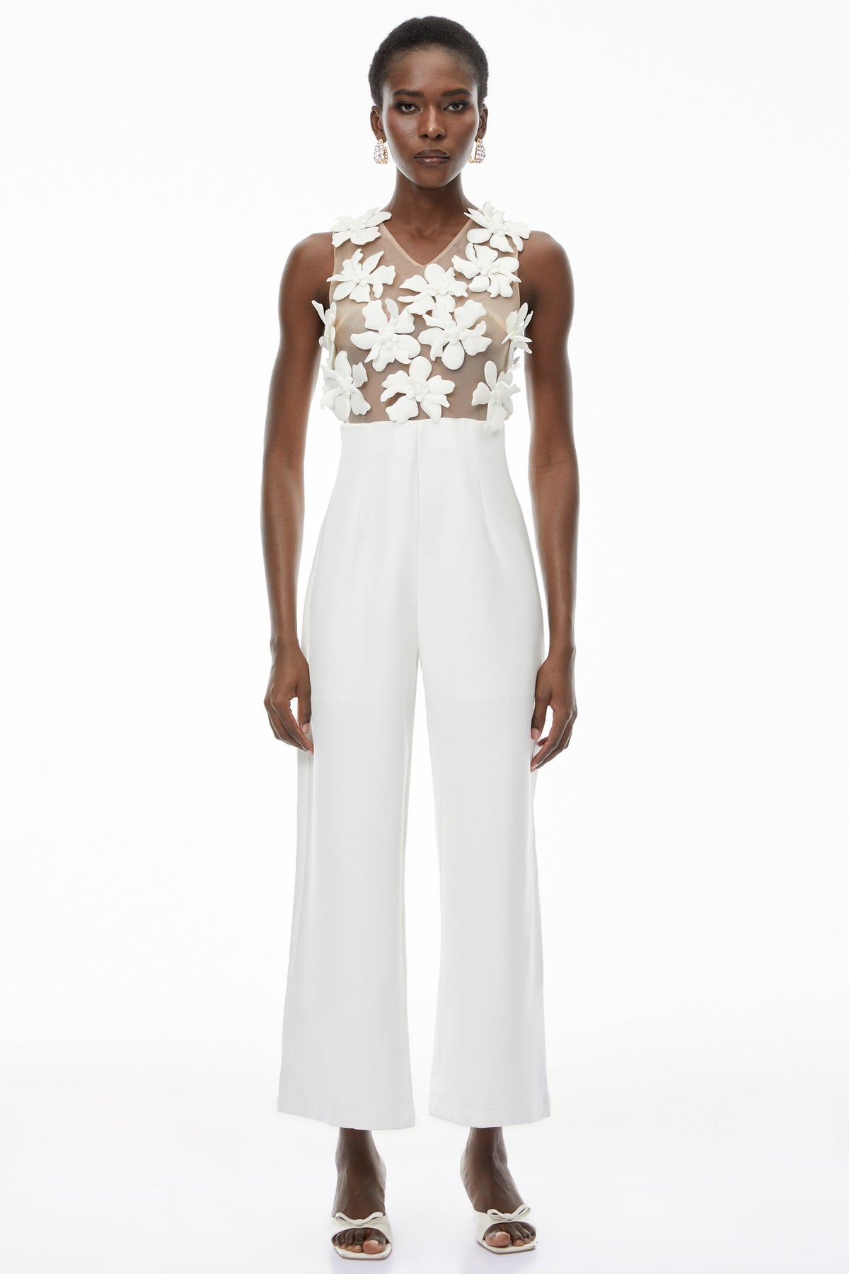 Melina White Sheer Jumpsuit with 3D Petals