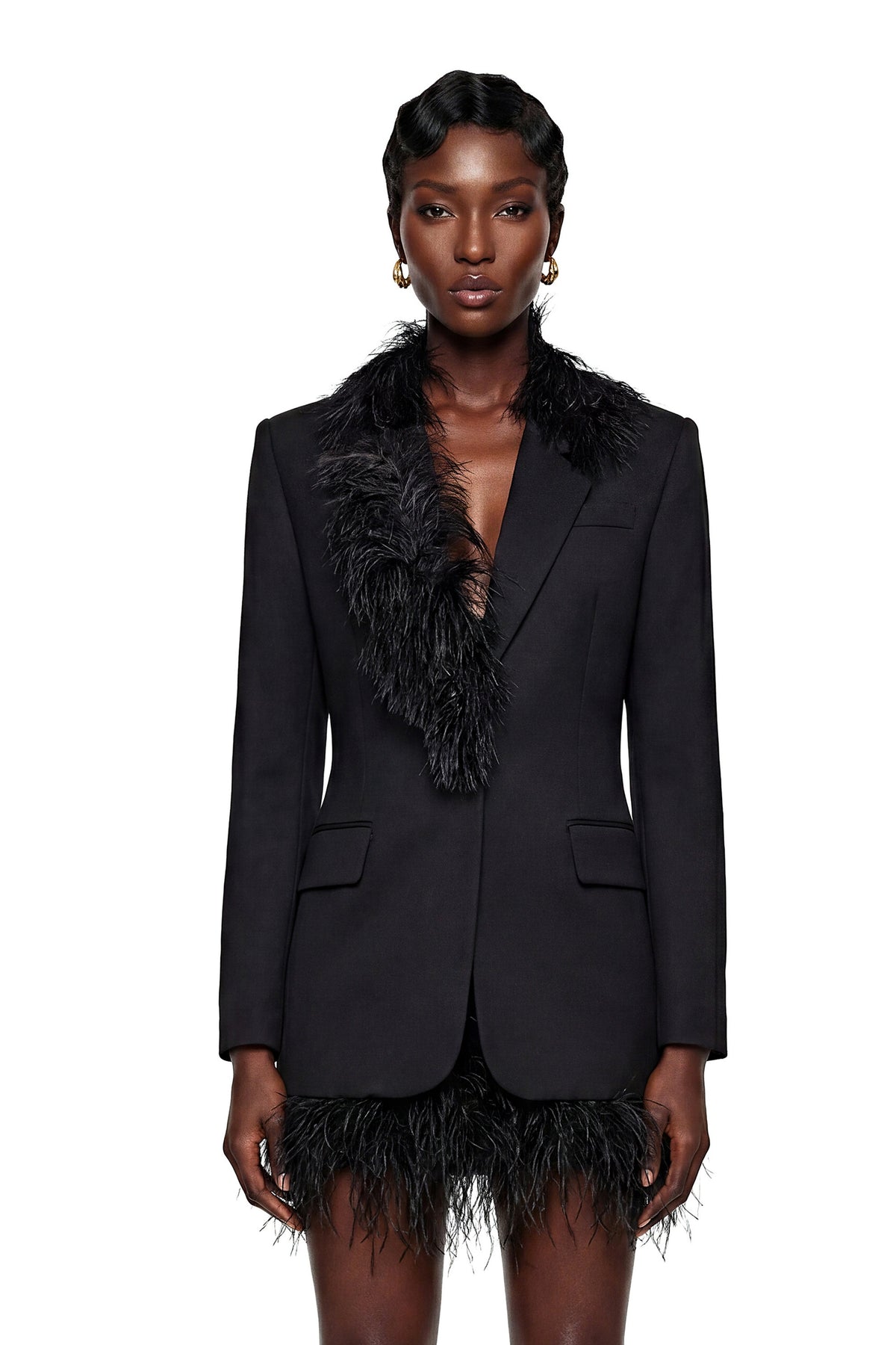 Michaela Black Blazer with Feather Trim