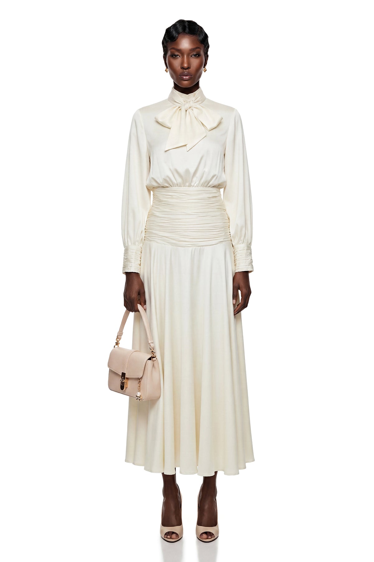 Michela Cream Puff Sleeve Top & Skirt Set with Bow