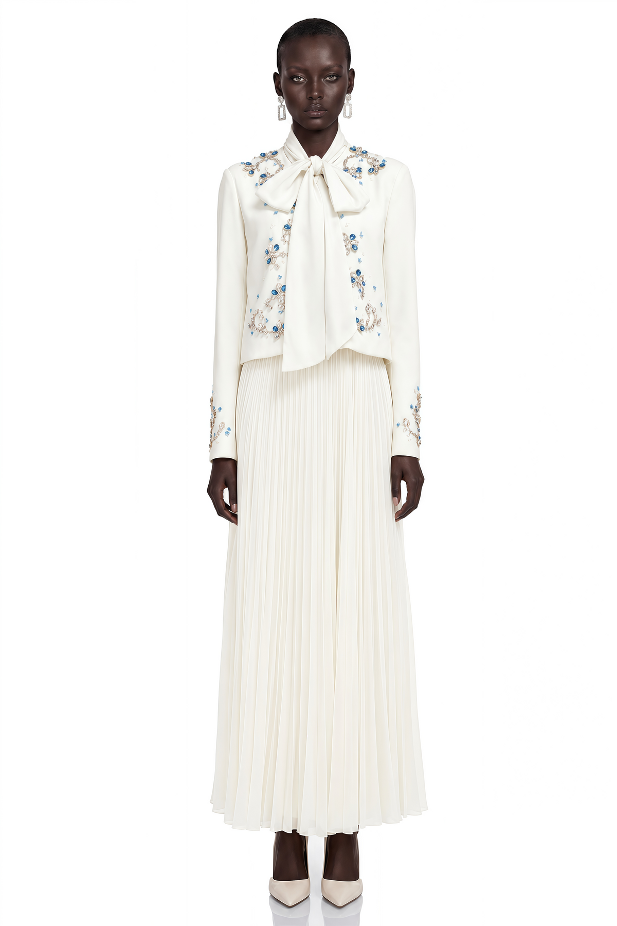 Mildred White Rhinestone Coat & Pleated Maxi Dress Set