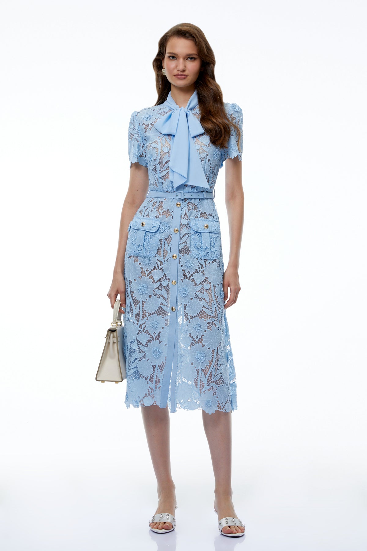 Moeraki Blue 3D Floral Lace Midi Dress with Bow