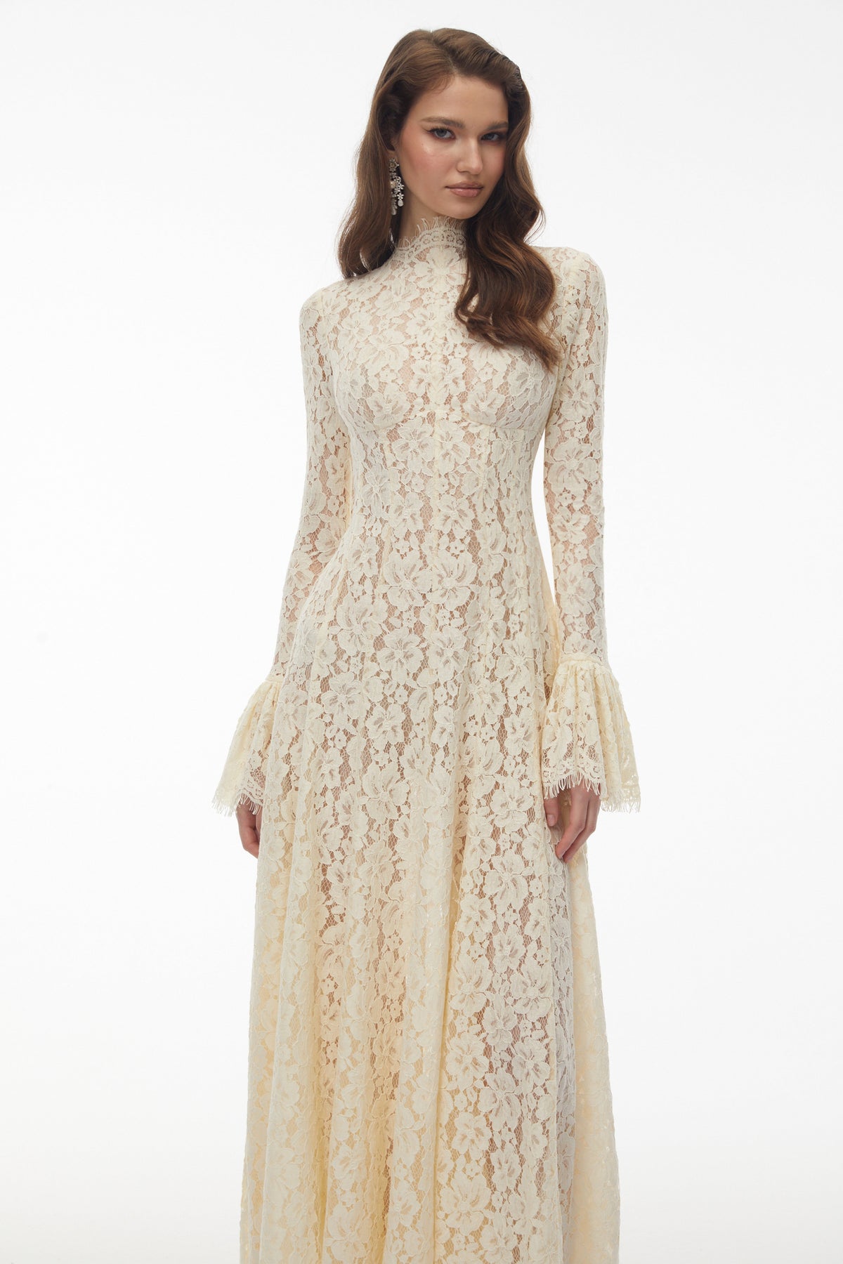 Nasrin White Mock Neck Floral Lace Maxi Dress