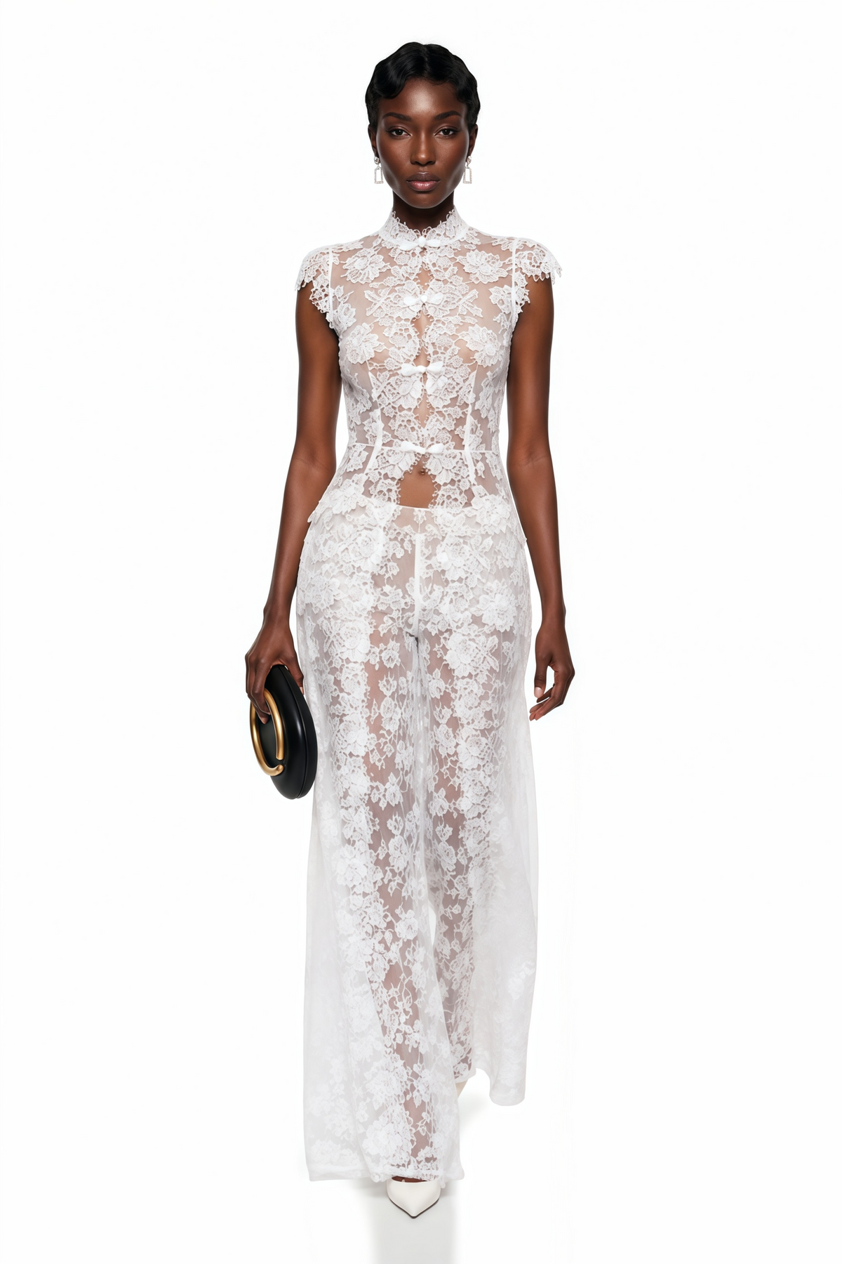 Natalia White Cut-Out Lace Top & Trousers Set