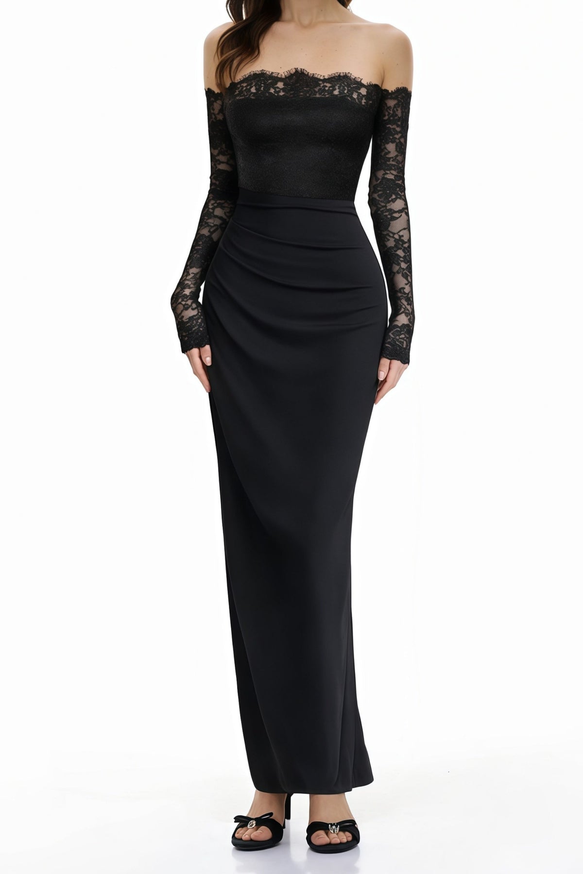 Nephele Black Off Shoulder Floral Lace Maxi Dress