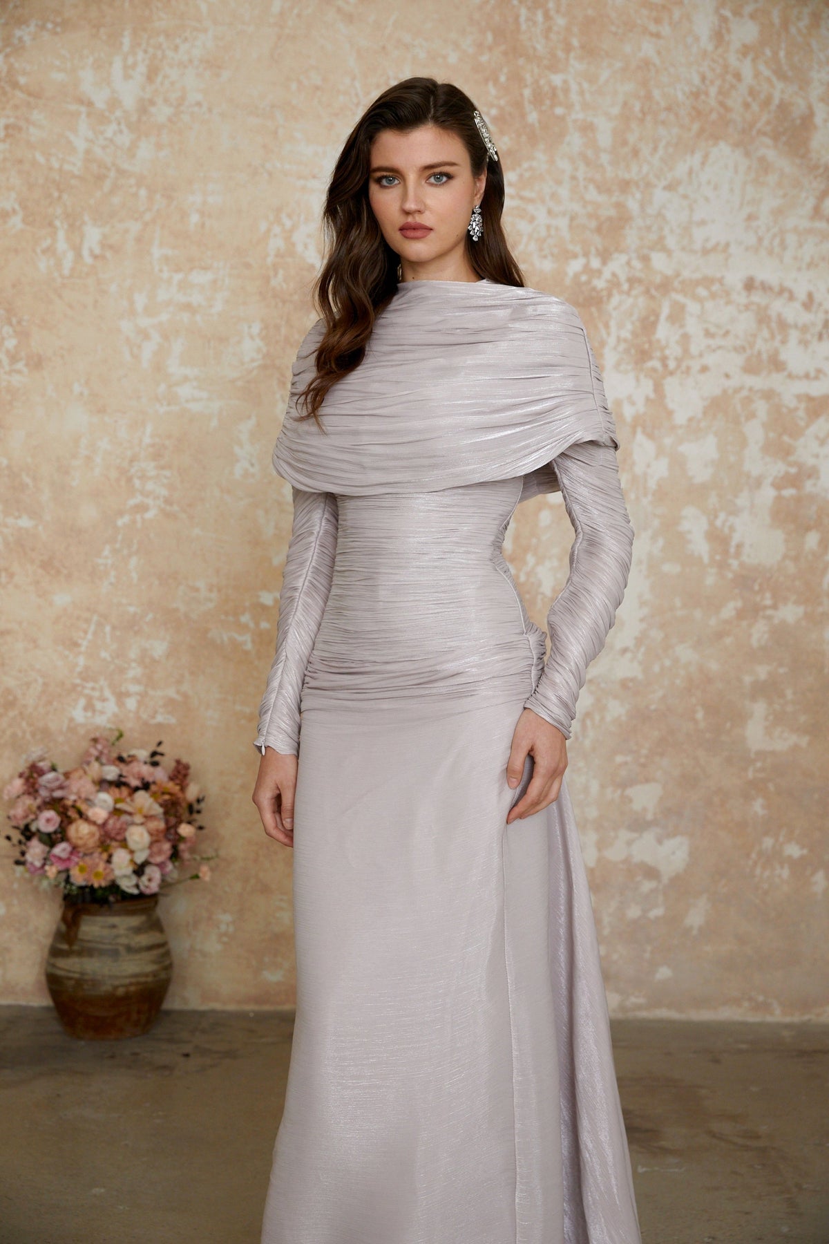 Nerida Silver Turtleneck Ruched Maxi Dress