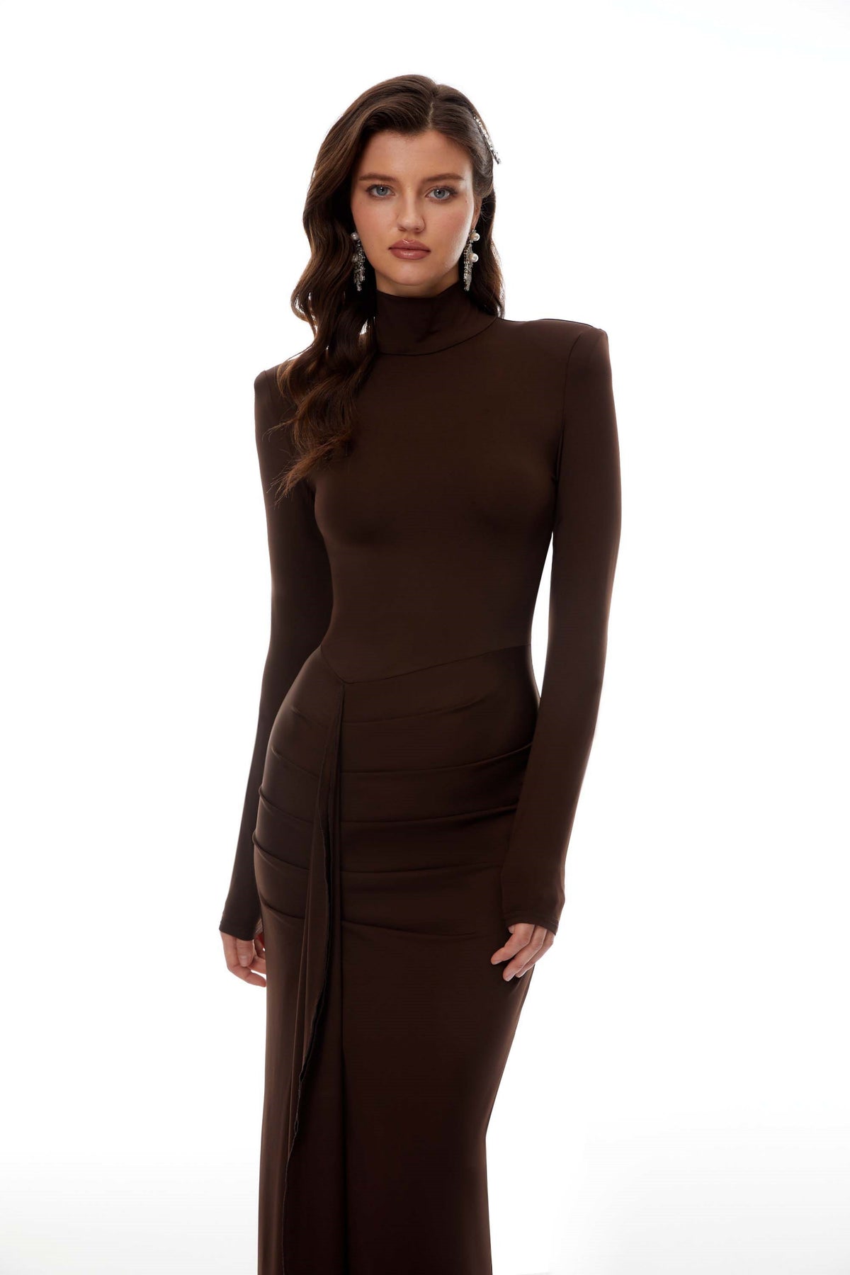 Neve Brown High Neck Twist Knot Maxi Dress