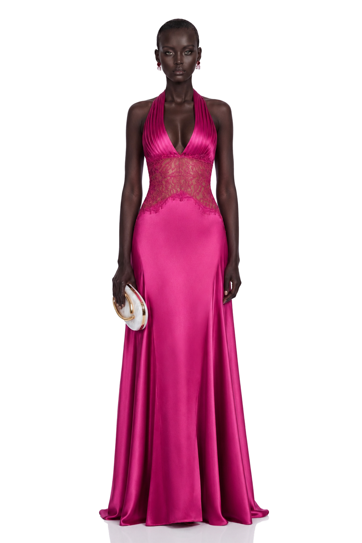 Nina Magenta Halterneck Maxi Dress with Lace Panels