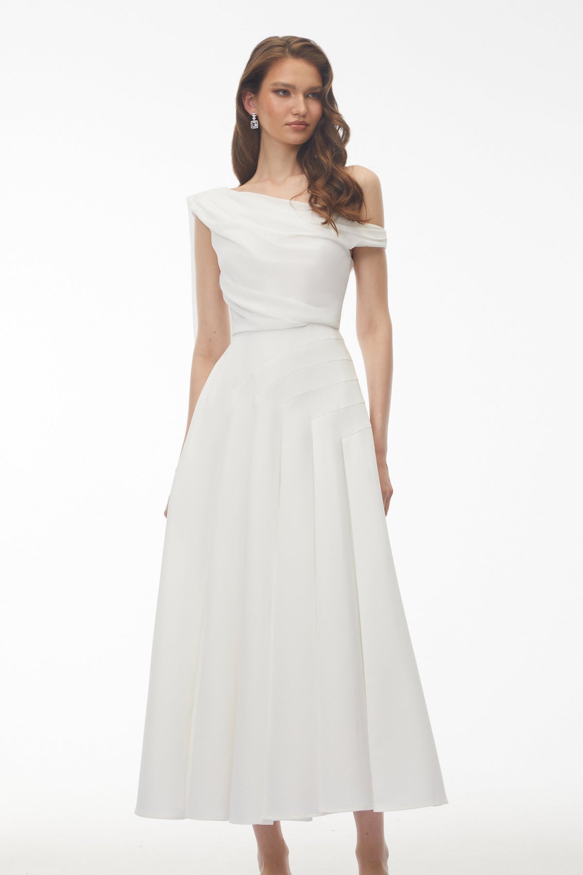 Noelle White Off Shoulder Asymmetrical Maxi Dress