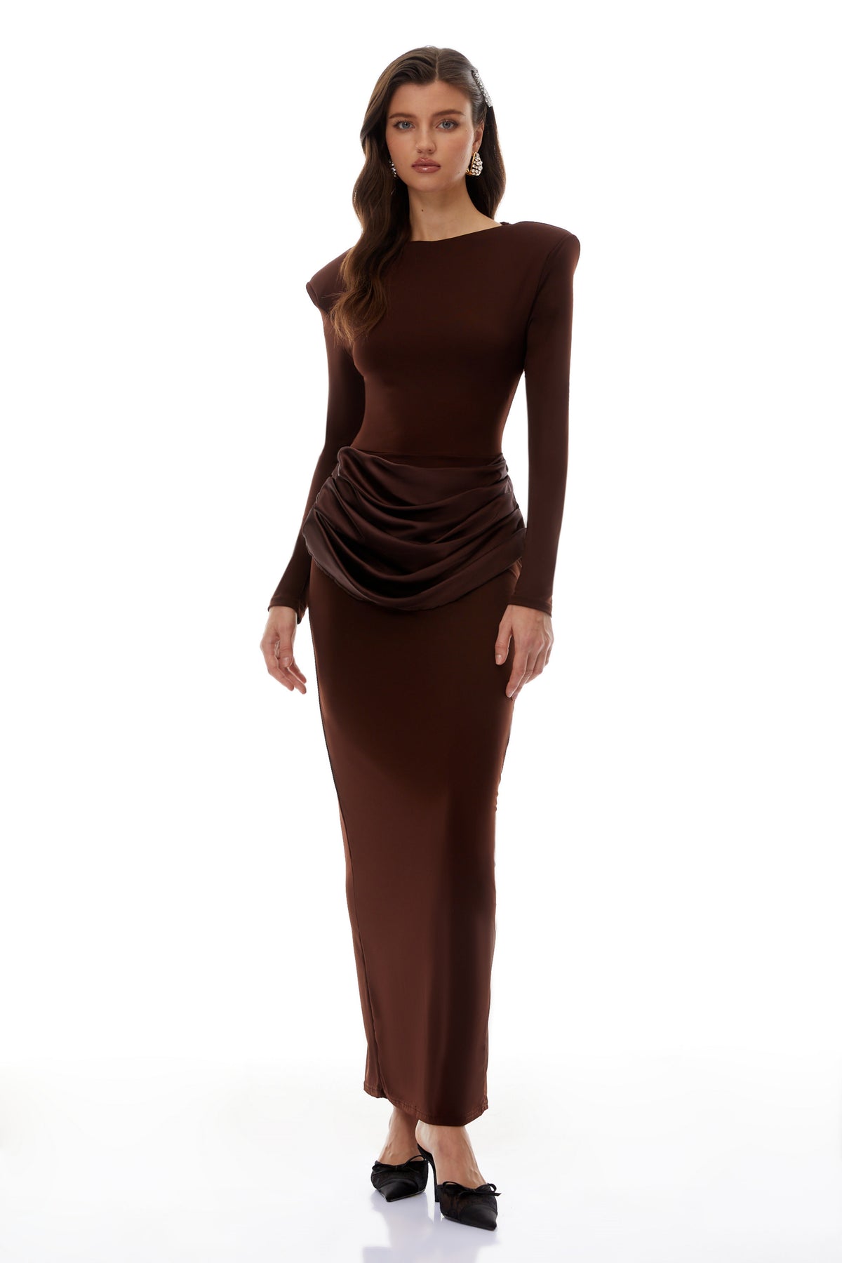 Norma Brown Draped Panel Maxi Dress