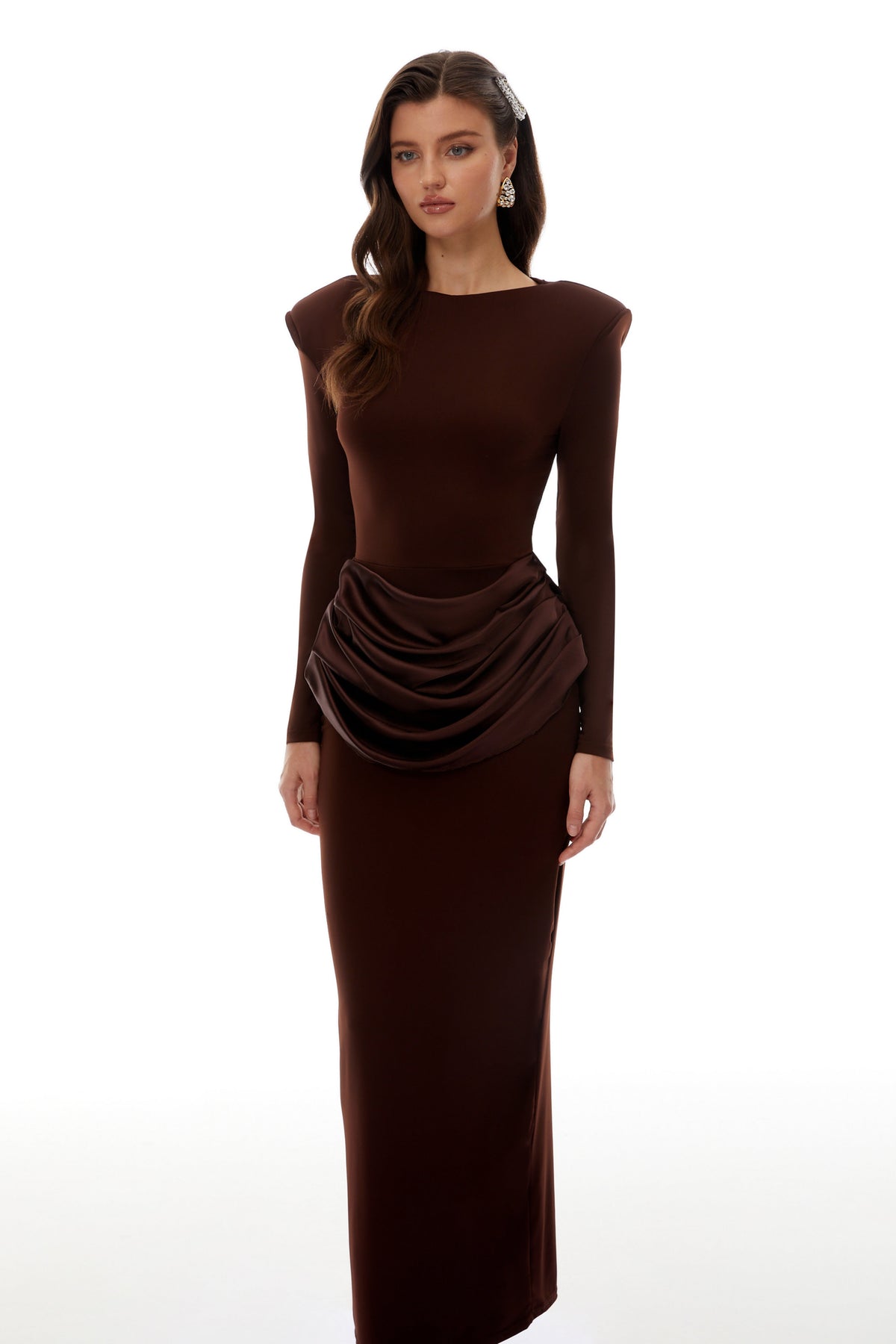 Norma Brown Draped Panel Maxi Dress