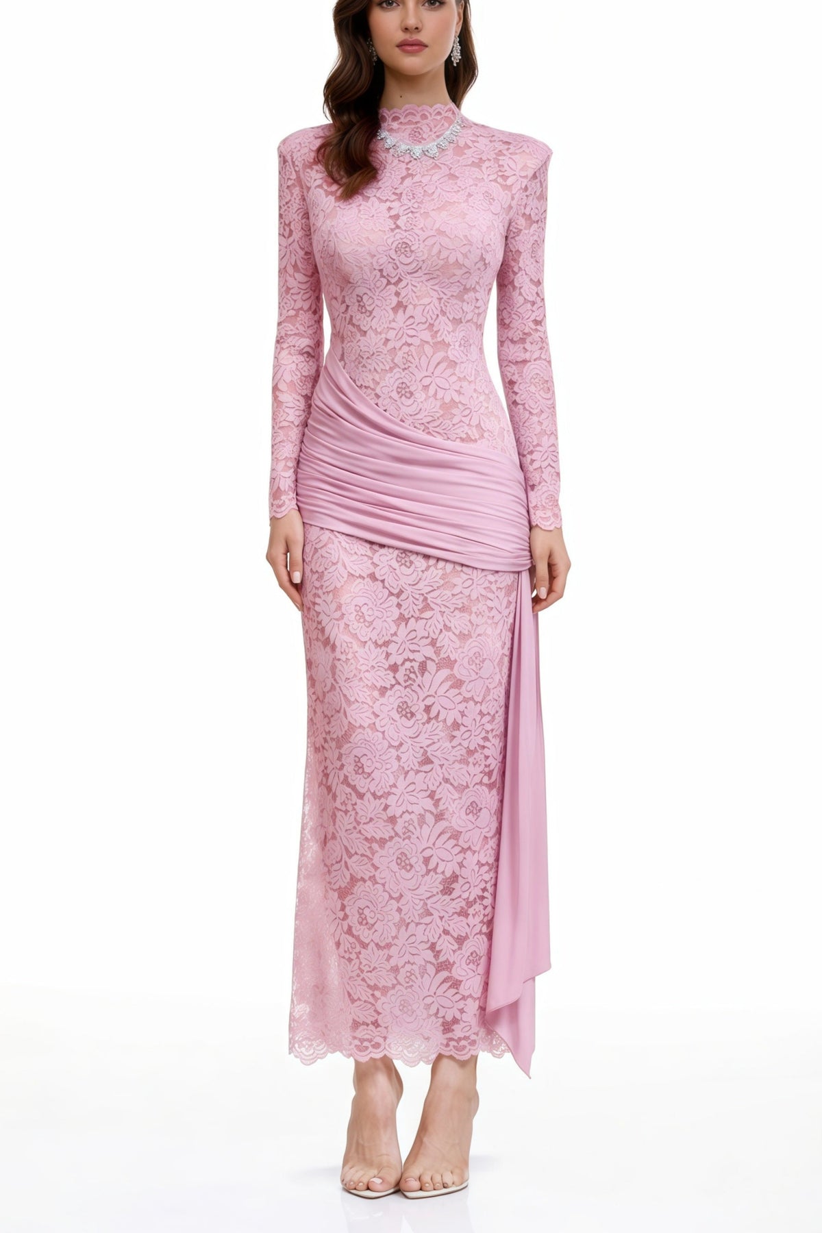 Nuria Pink Ribbon Detail Floral Lace Midi Dress