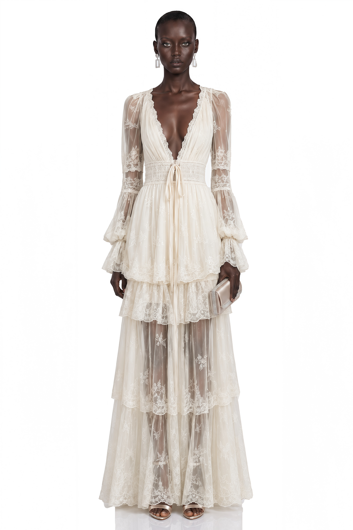 Ocean Cream Lace Ruffled Maxi Dress