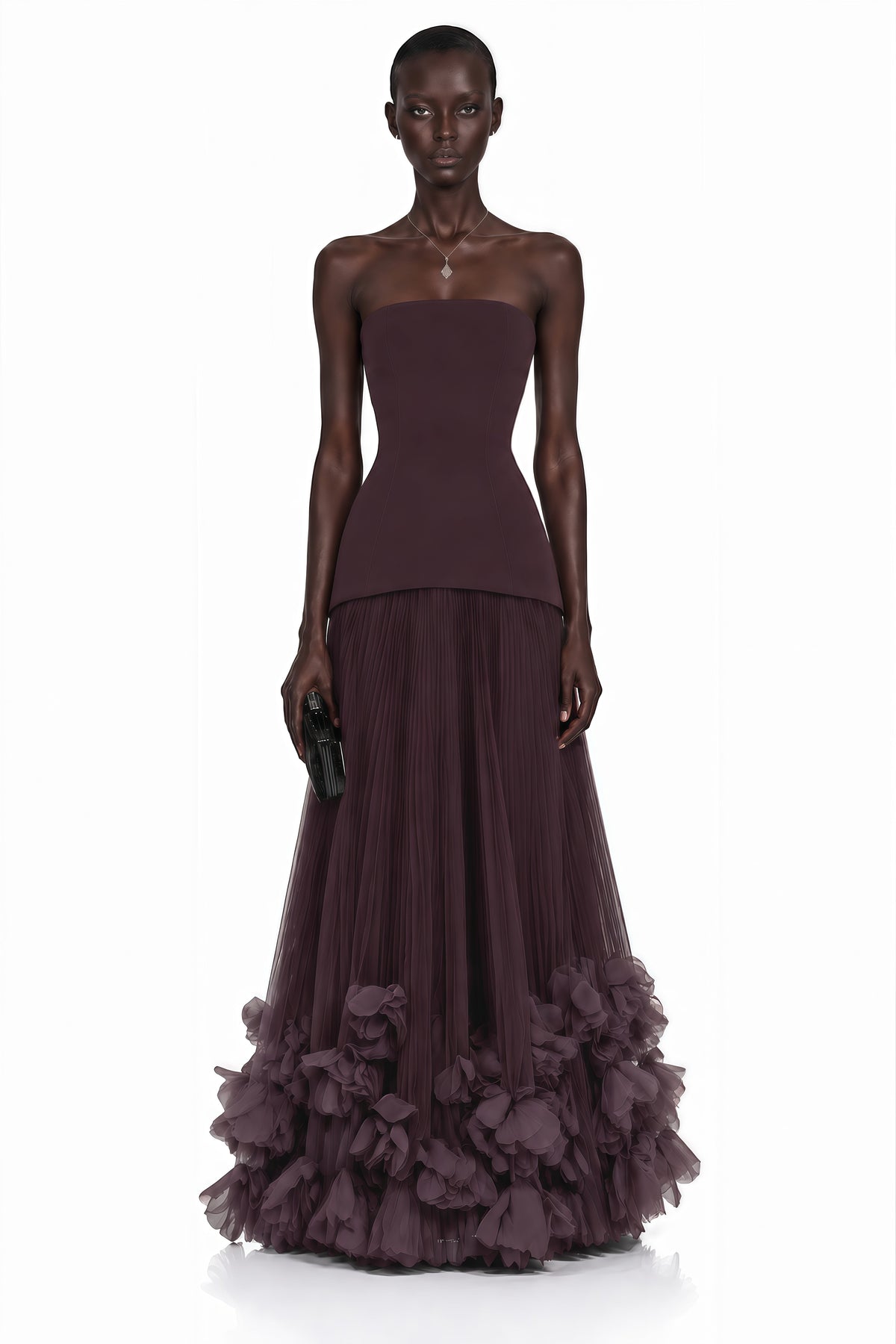 Océane Brown Off Shoulder Pleated Maxi Dress with 3D Florals