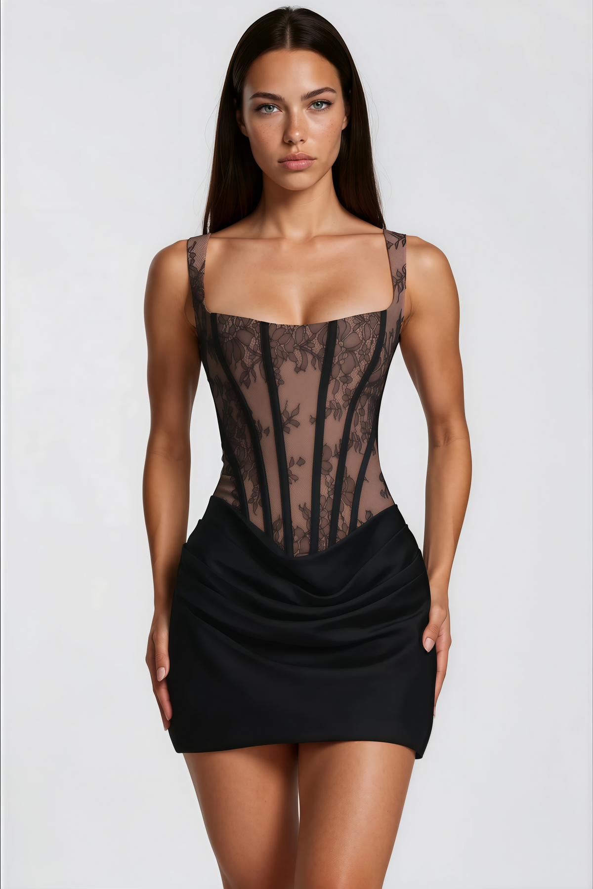 Olesya Black Ruched Mini Dress with Lace Panels