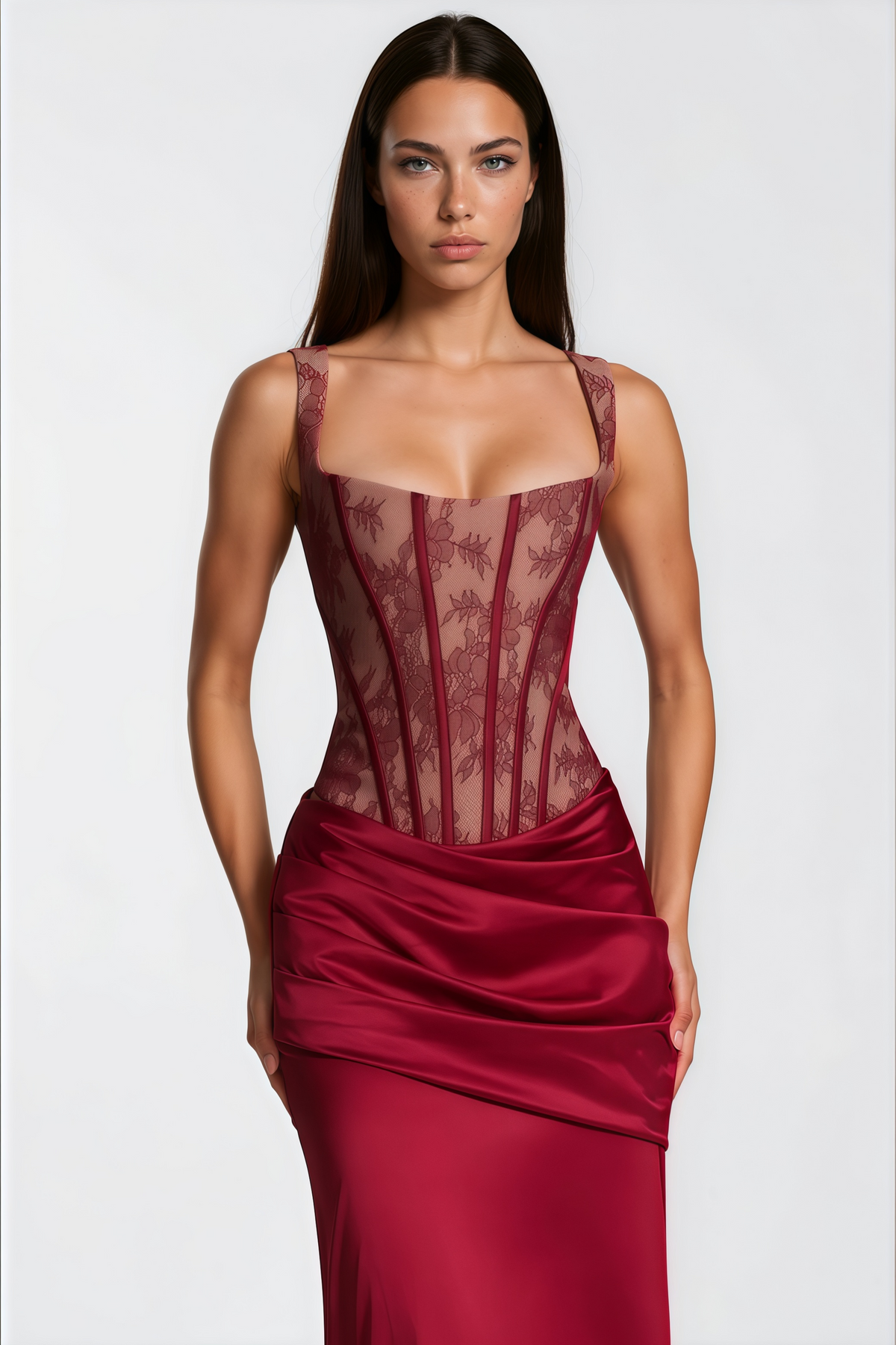 Olesya Red Lace Top & Ruched Skirt Set