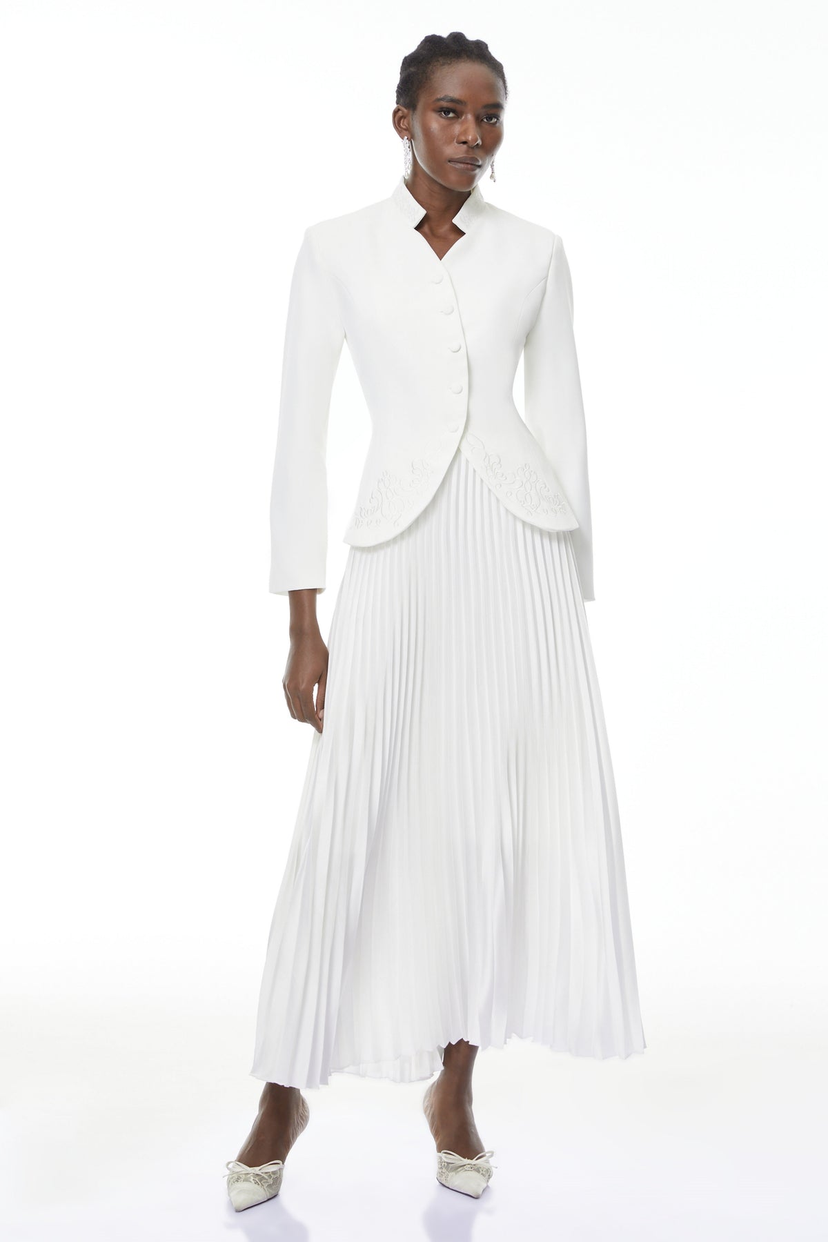 Olivia White Floral Embroidered Blazer & Pleated Skirt Set