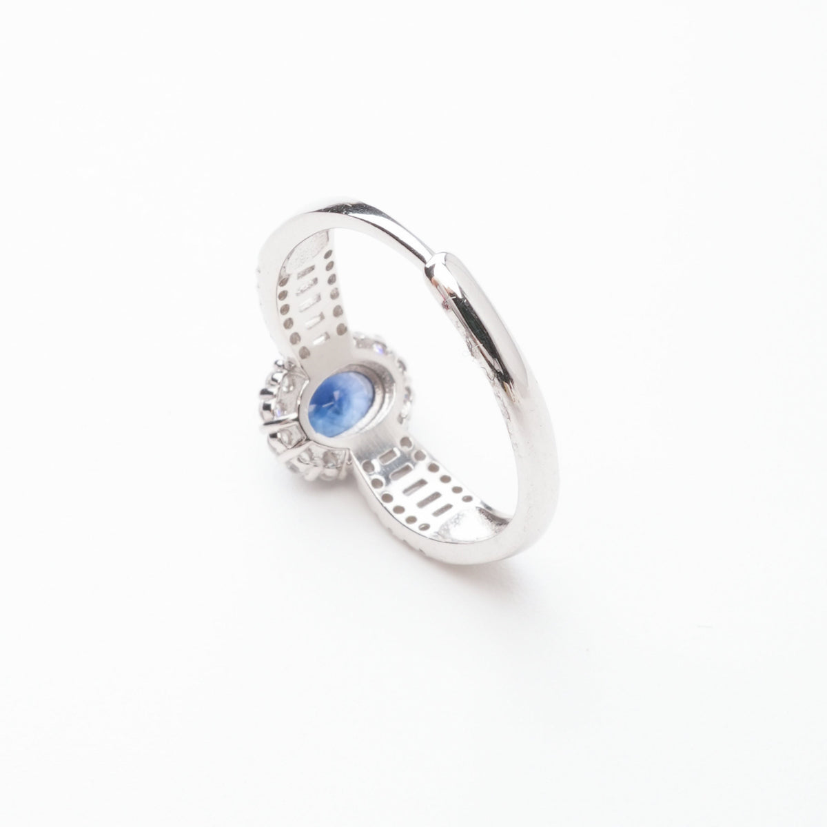 Olympe Blue Sapphire Oval Cut Halo Baguette Crystal Sterling Silver Ring