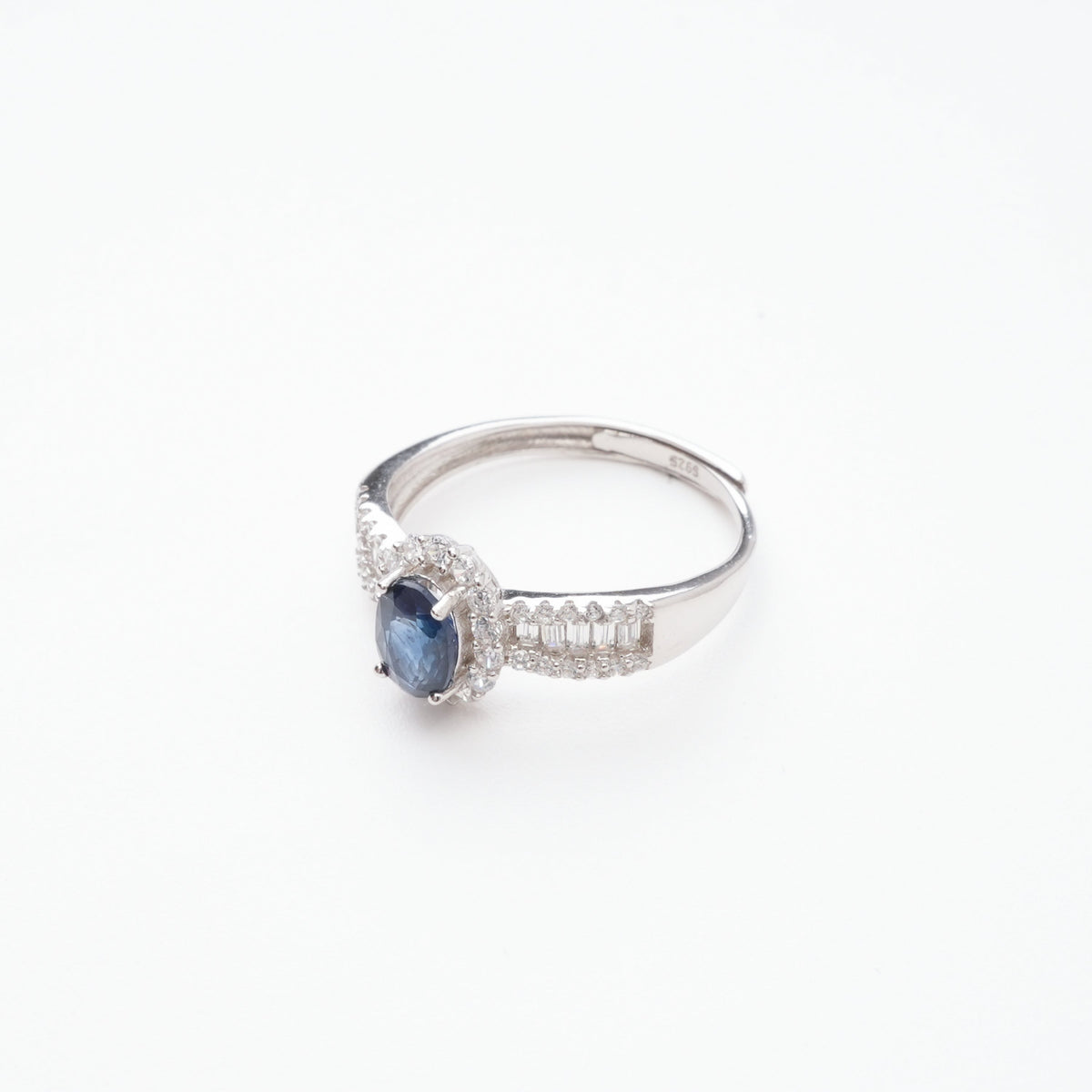 Olympe Blue Sapphire Oval Cut Halo Baguette Crystal Sterling Silver Ring
