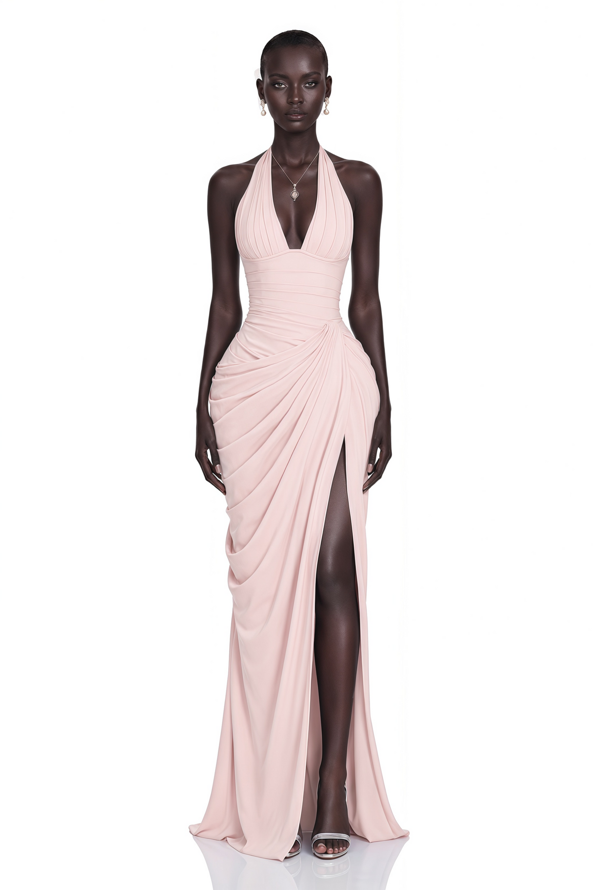 Ombeline Pink Halterneck Ruched Maxi Dress with Slit