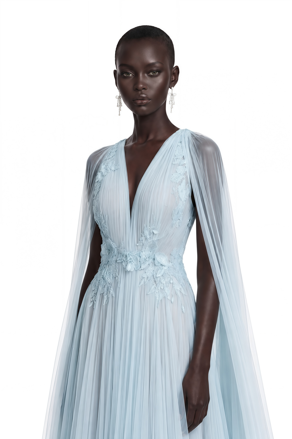 Ophelia Ice Blue Mesh Ruched Maxi Dress with Cape