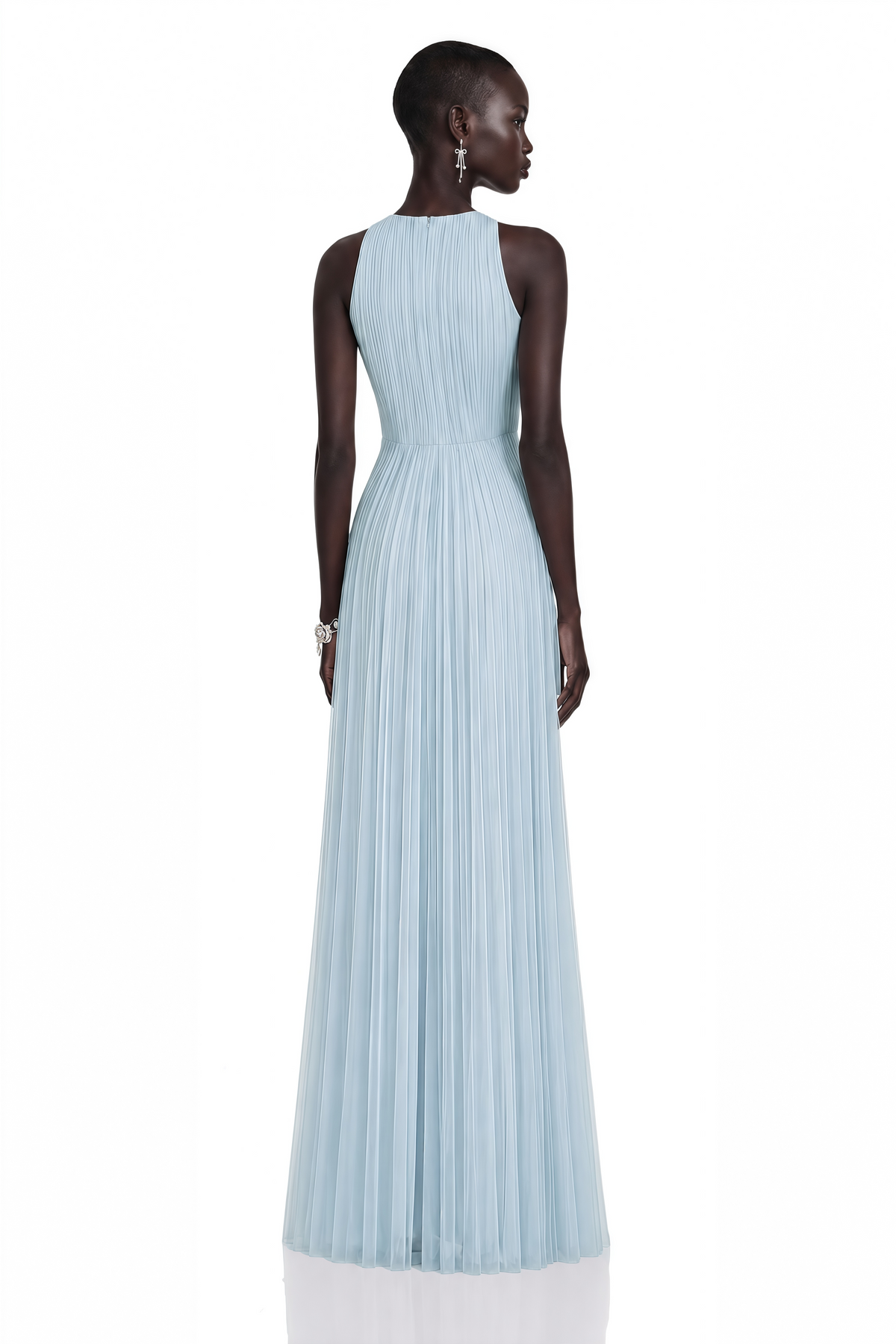 Ophelia Ice Blue Mesh Ruched Maxi Dress with Cape
