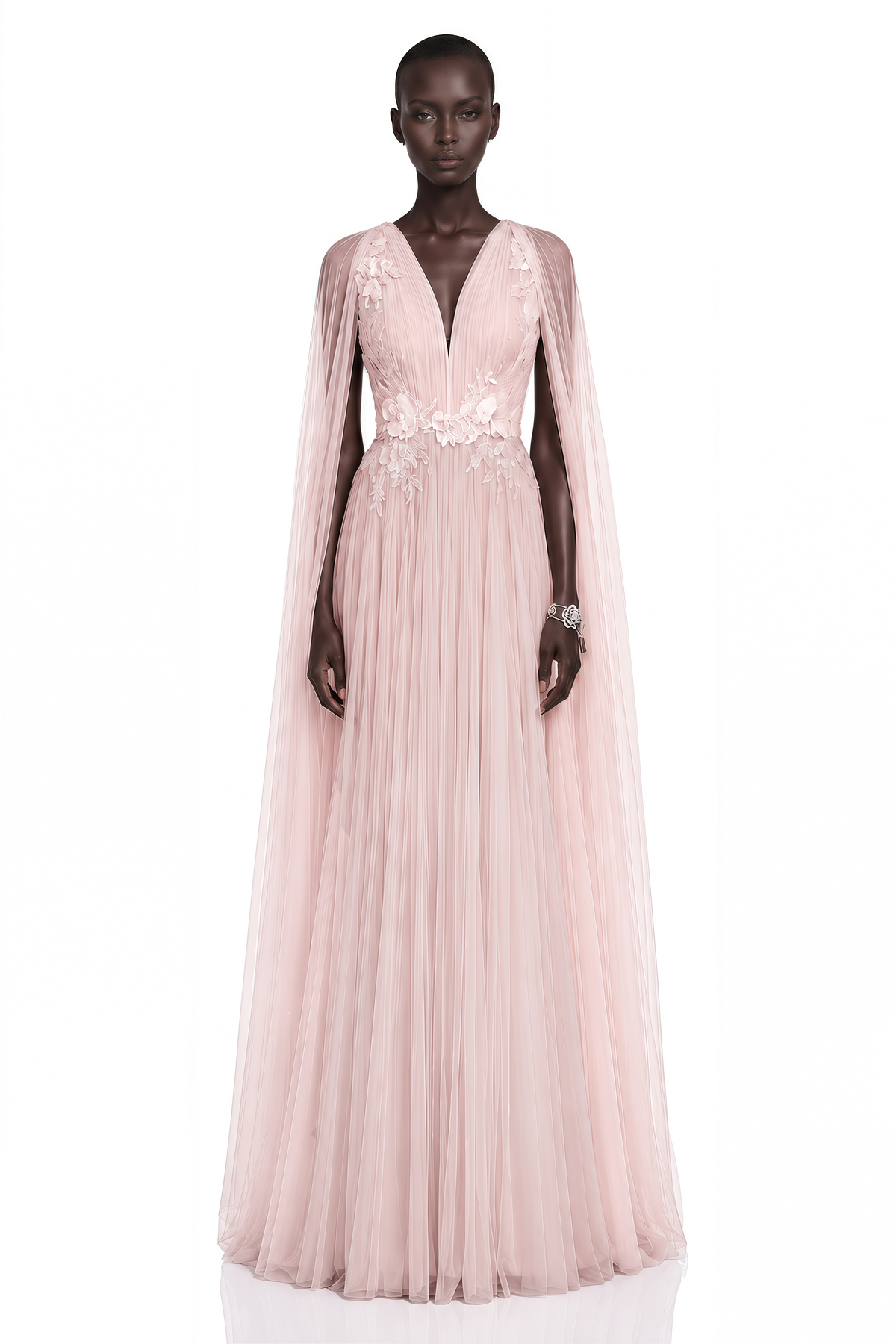 Ophelia Pink Mesh Ruched Maxi Dress with Cape