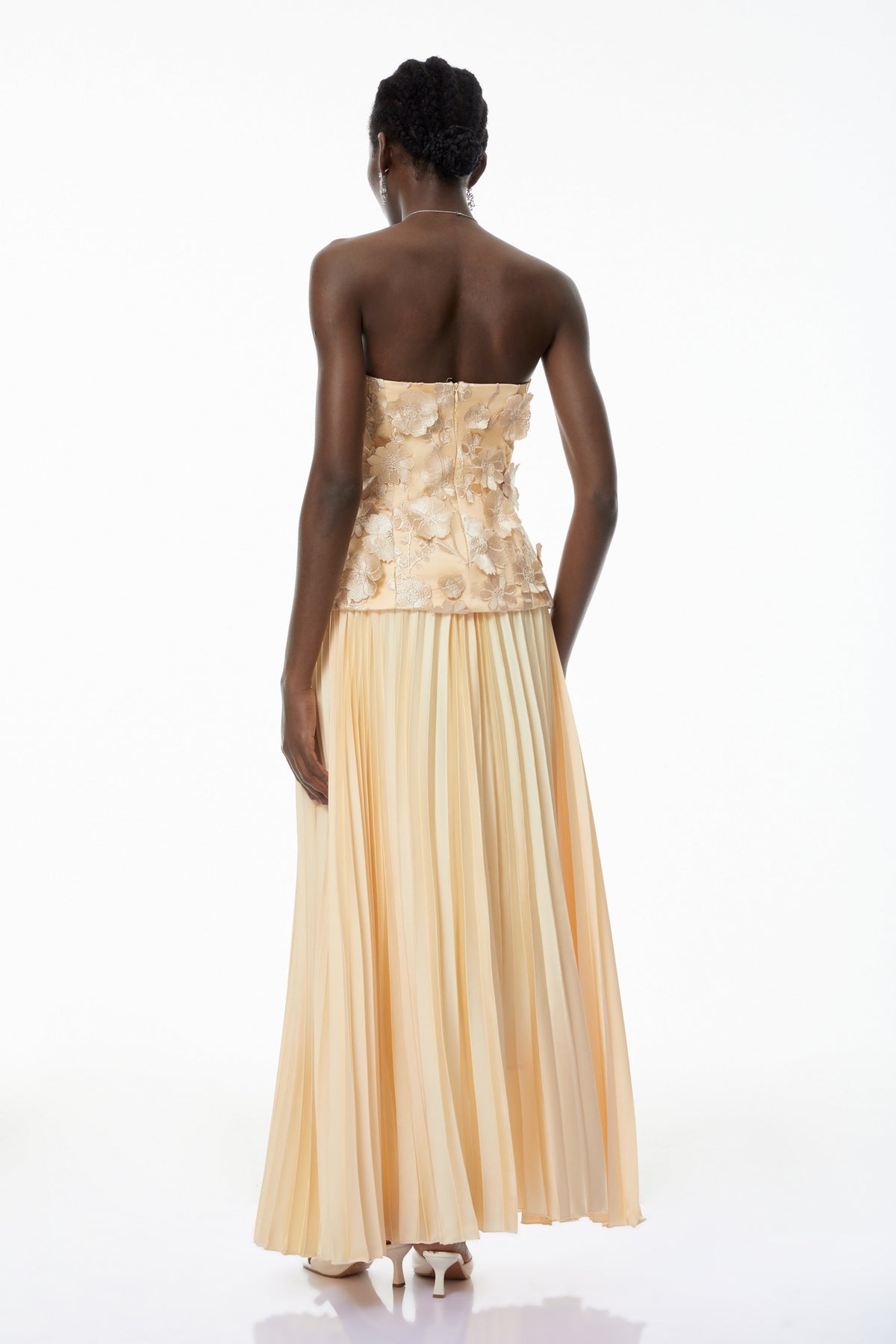 Orsola Yellow Floral Appliqué Top & Pleated Skirt Set