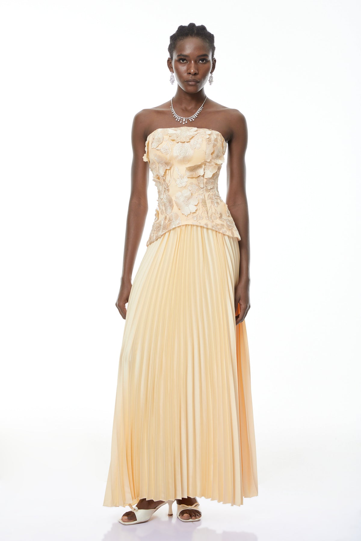 Orsola Yellow Floral Appliqué Top & Pleated Skirt Set