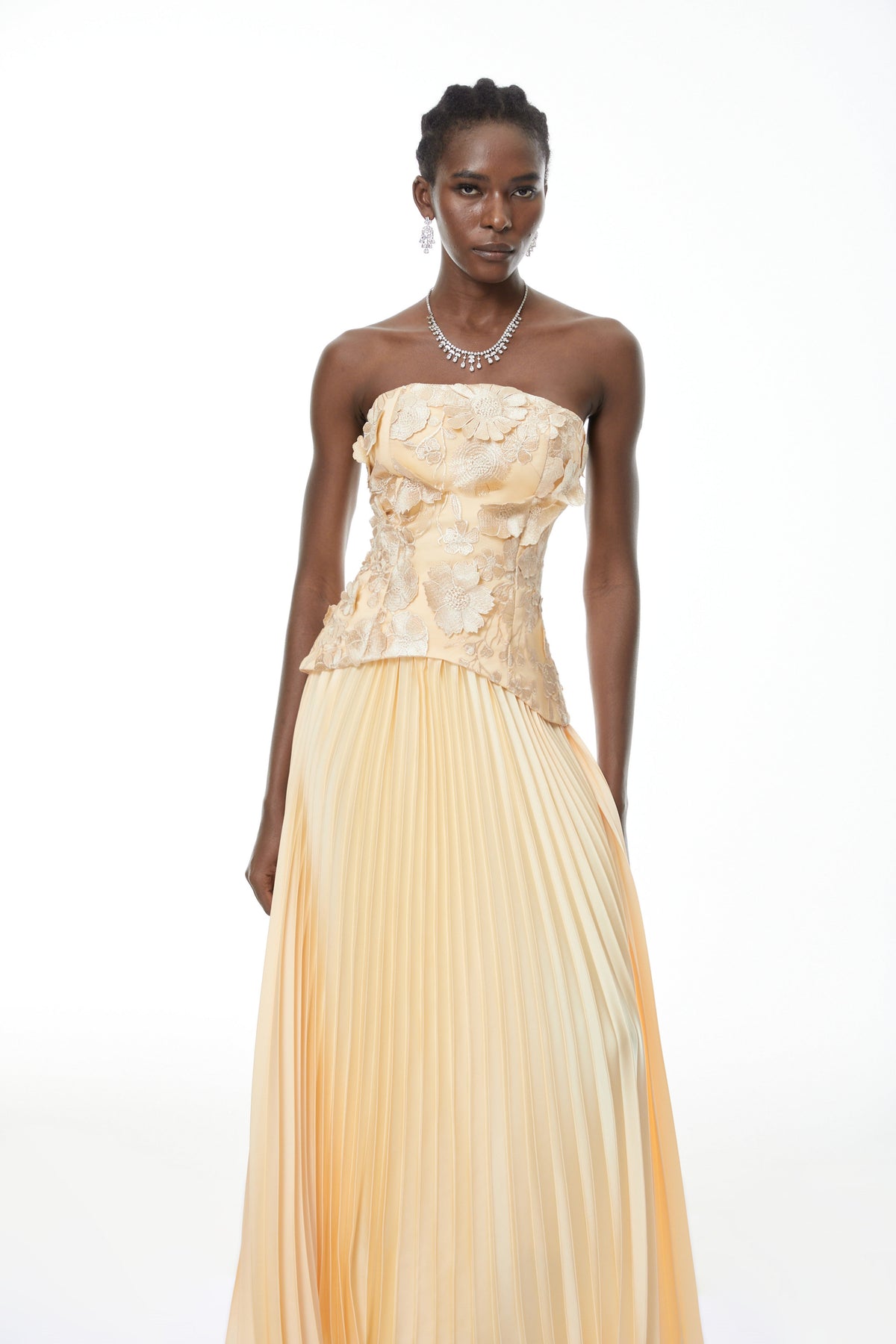 Orsola Yellow Floral Appliqué Top & Pleated Skirt Set