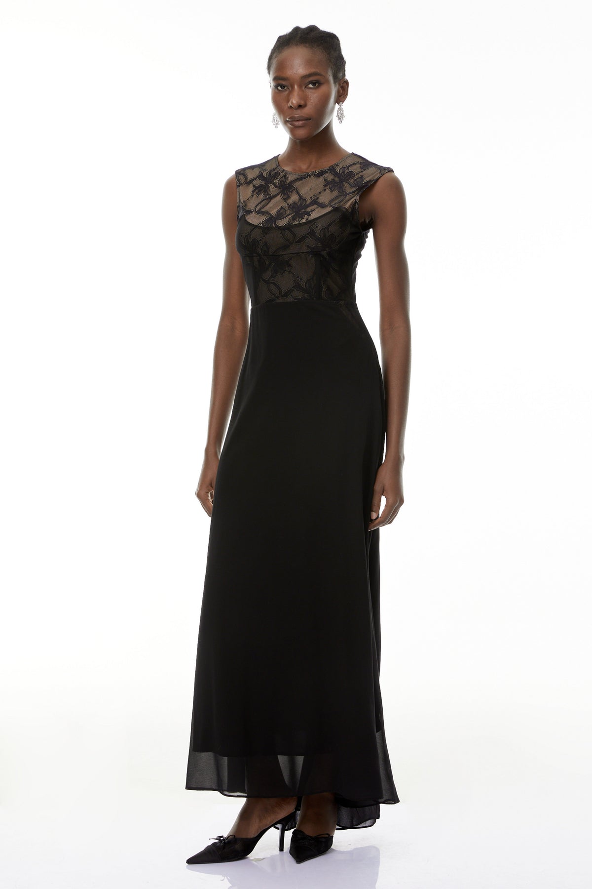 Ottilie Black Lace Panel Asymmetrical Maxi Dress