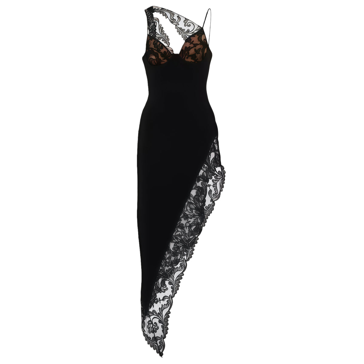 Capucine Black Lace Panel Asymmetrical Midi Dress
