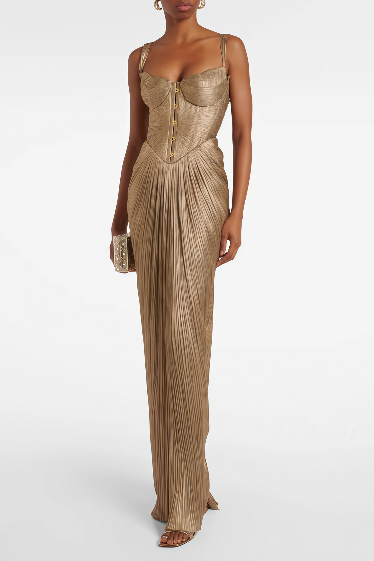 Nicoletta Gold Glossy Pleated Corset Maxi Dress