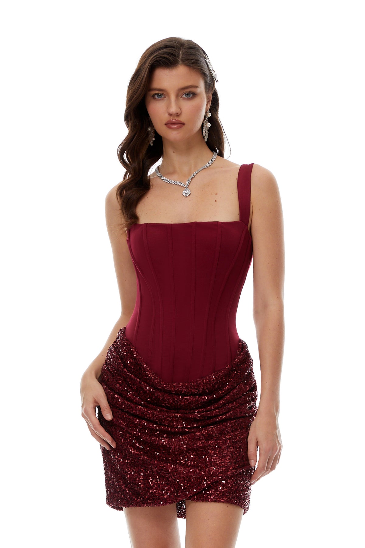 Paulette Red Embellished Ruched Bodycon Mini Dress (Final Sale)