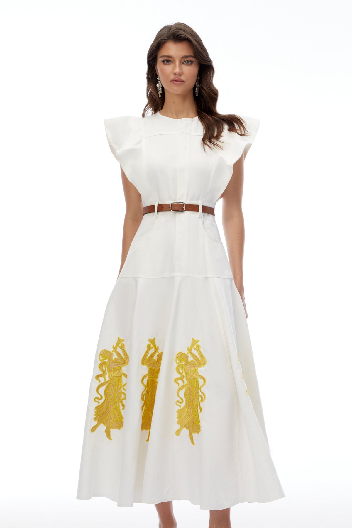 Pearl White Embroidered Maxi Dress with Flutter Sleeves