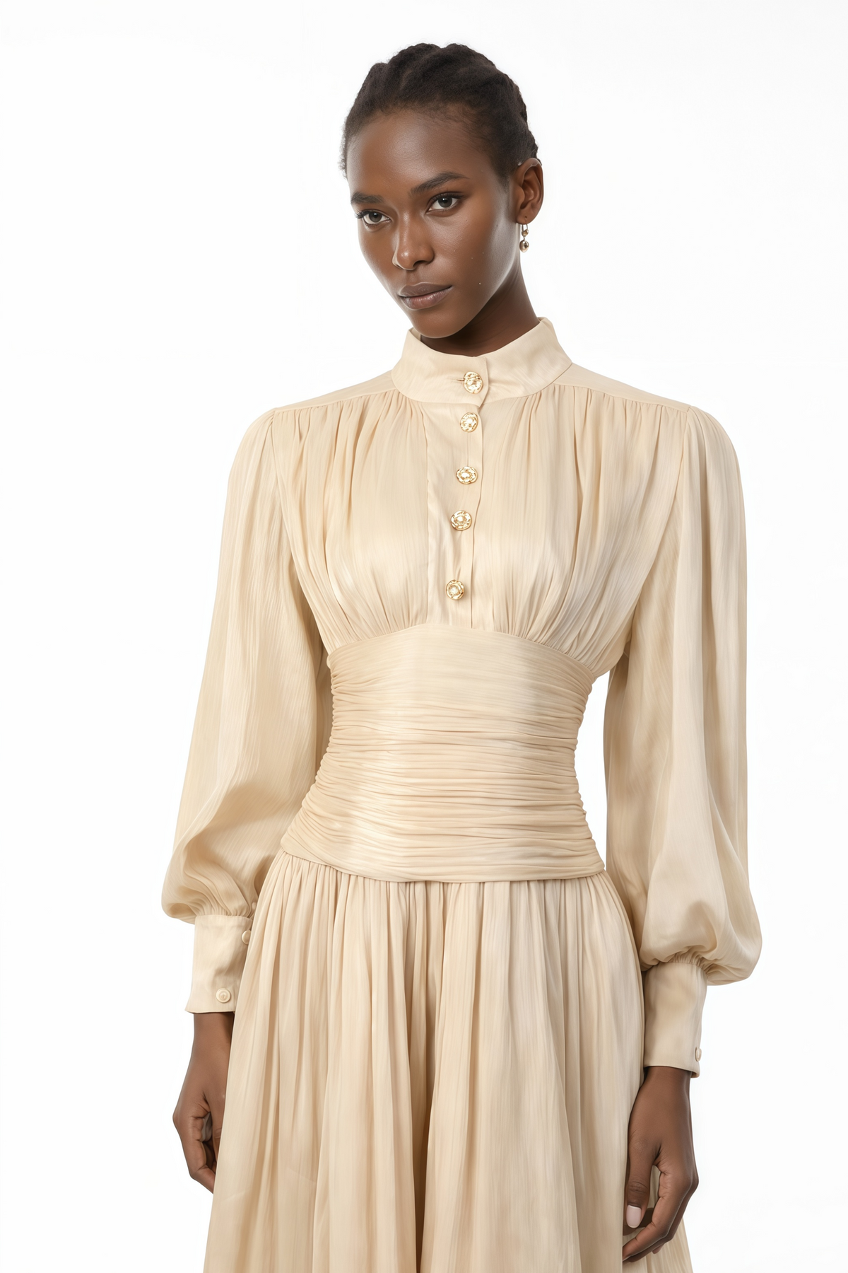 Emersyn Neutrals High-Neck Ruffled Detail Maxi Dress