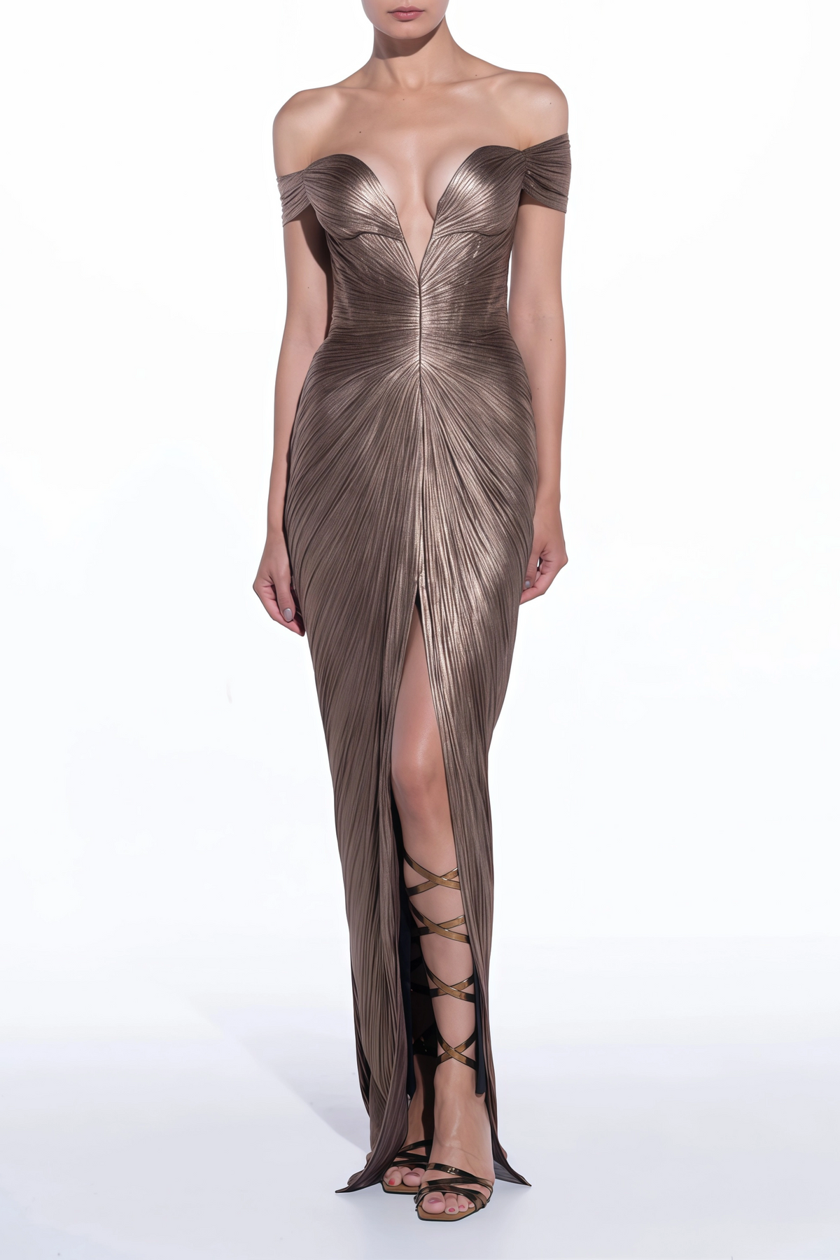 Pérola Bronze Gold Metallic Off Shoulder Maxi Dress