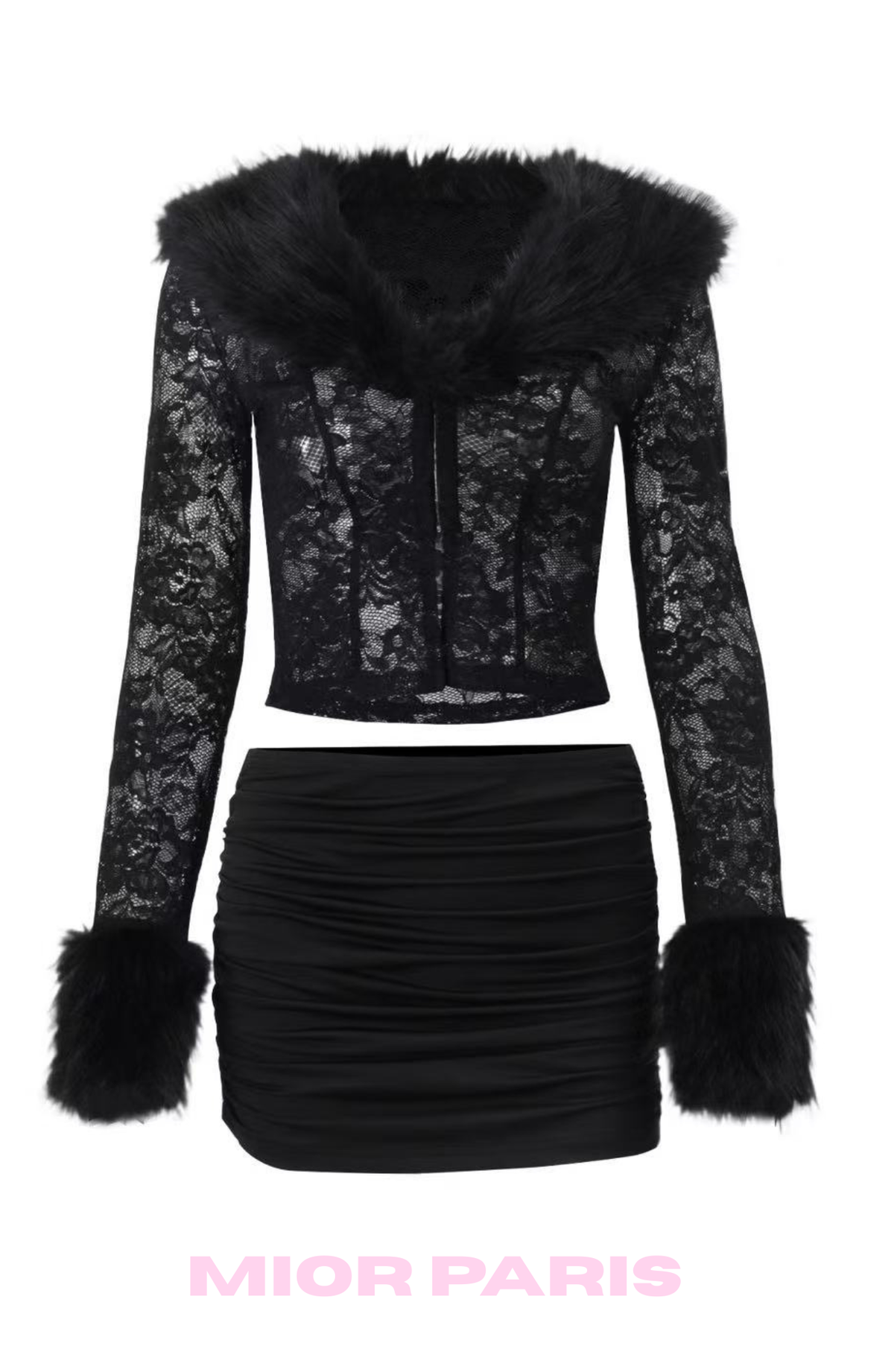 CELIA Faux Fur-Trim Lace Cardigan and skirt set  in Jet Black