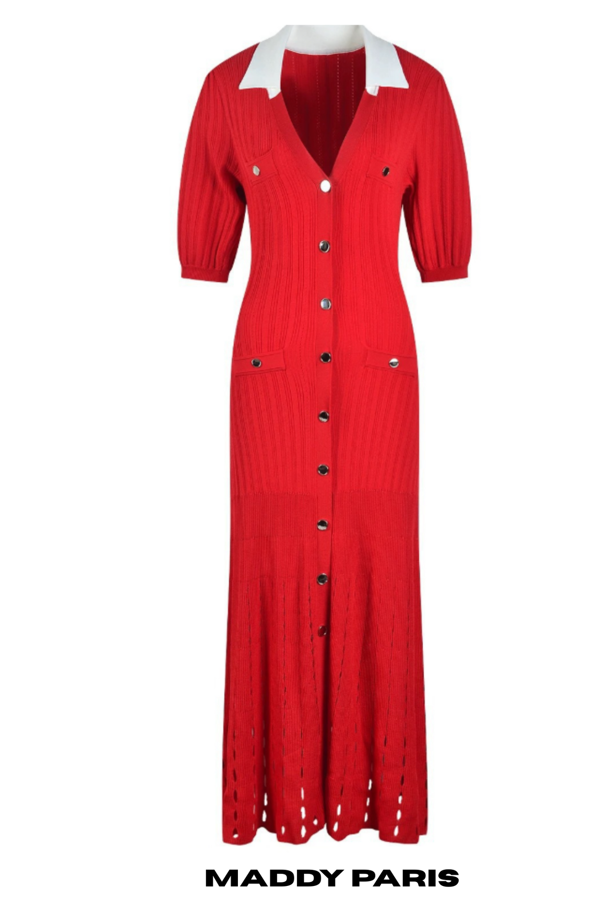 SANDRO VALERIE KNIT MIDI DRESS - RED & WHITE