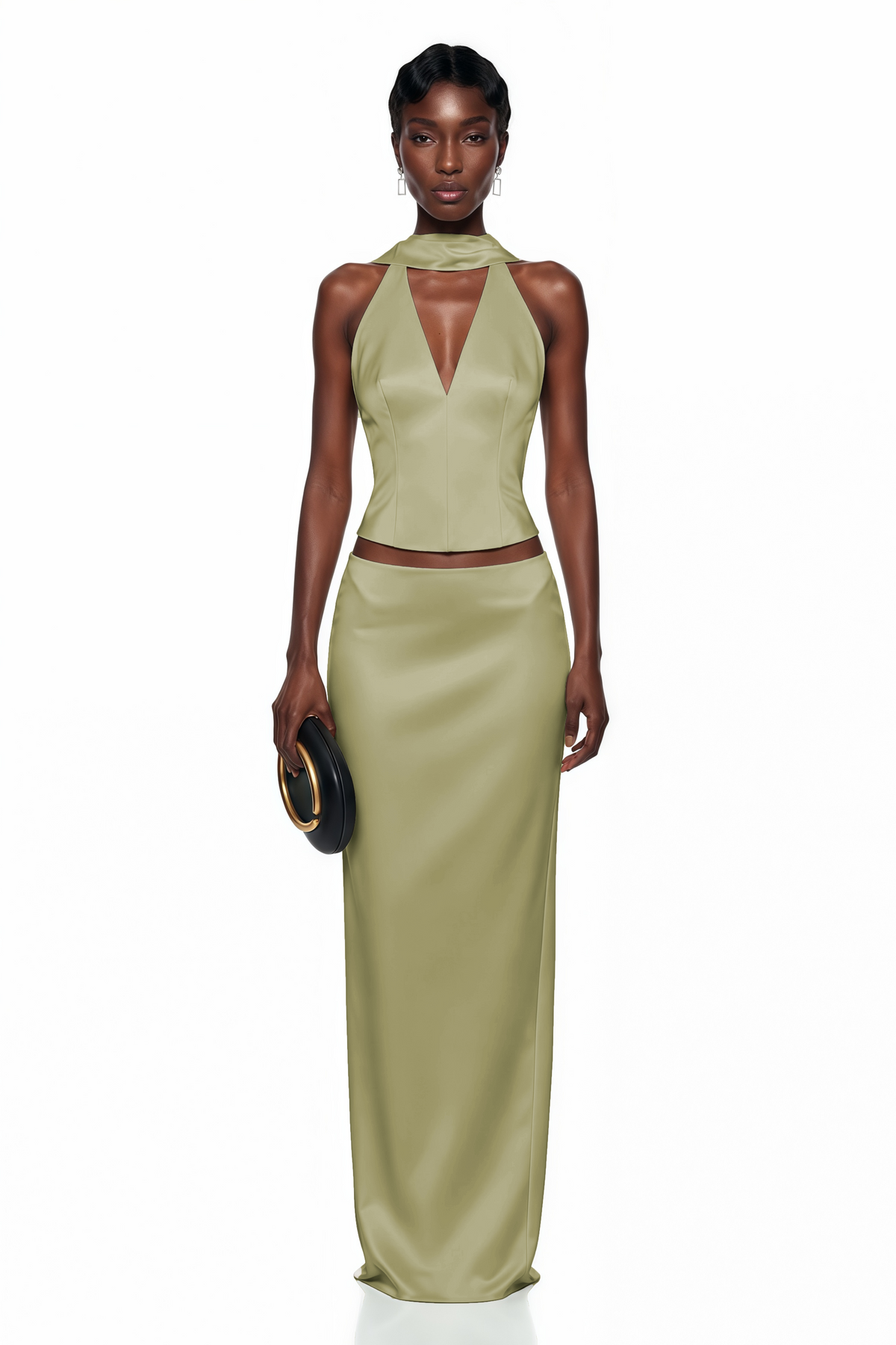 Querubina Green Plunge Neck Satin Top & Skirt Set