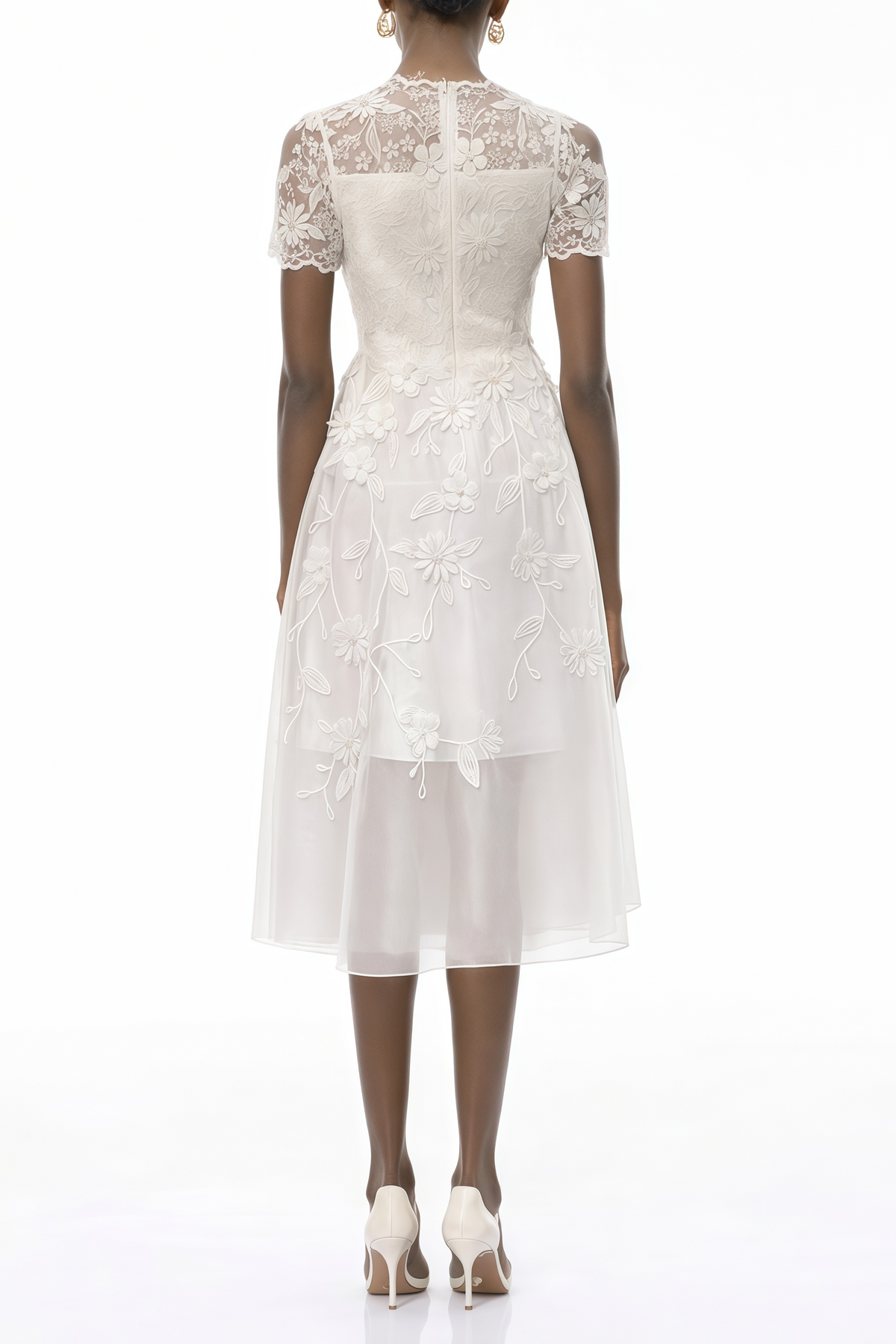 Quetz White Midi Dress with 3D Petals (Final Sale-US Only)