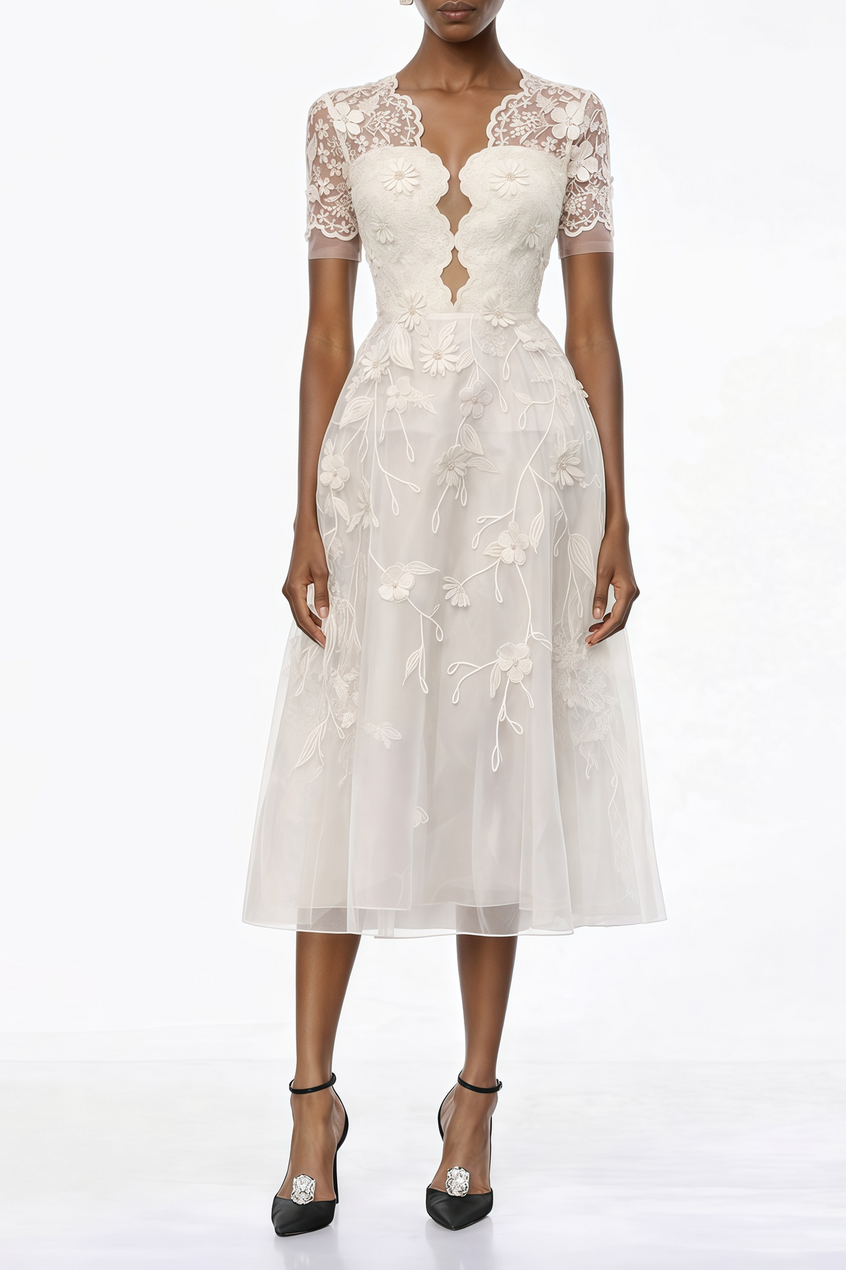 Quetz White Midi Dress with 3D Petals (Final Sale-US Only)
