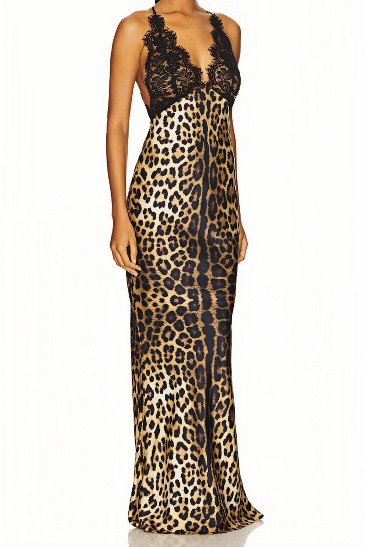Marta Brown Lace Panel Leopard Satin Maxi Dress