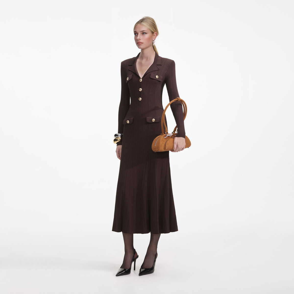 Angelina Brown Viscose Rib Knit Midi Dress