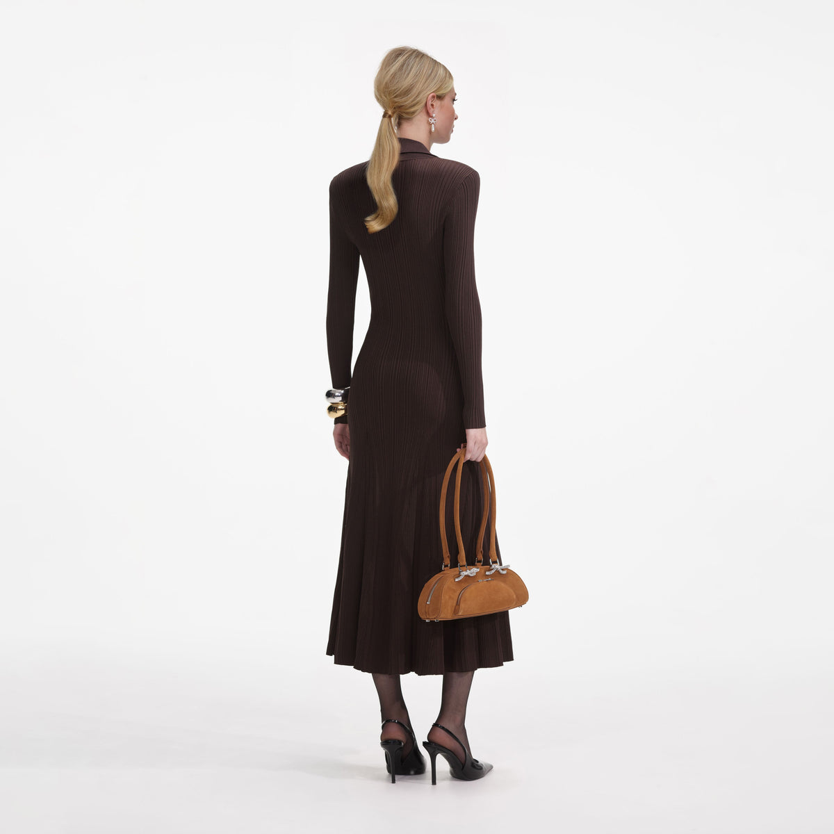 Angelina Brown Viscose Rib Knit Midi Dress