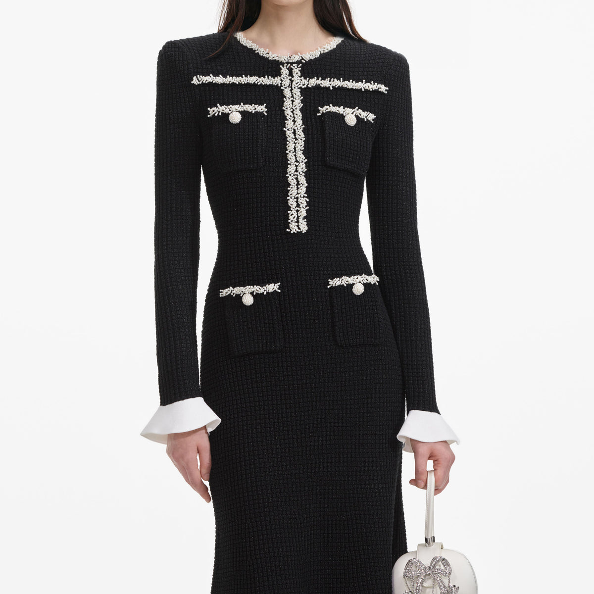 Black Pearl Trim Knit Midi Dress