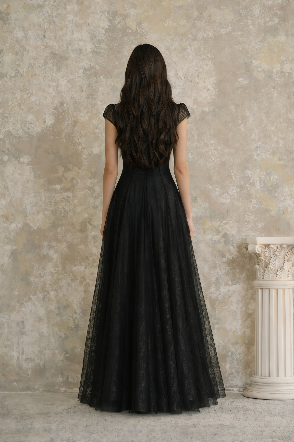 Radiya Black Floral Lace Pleated Maxi Dress