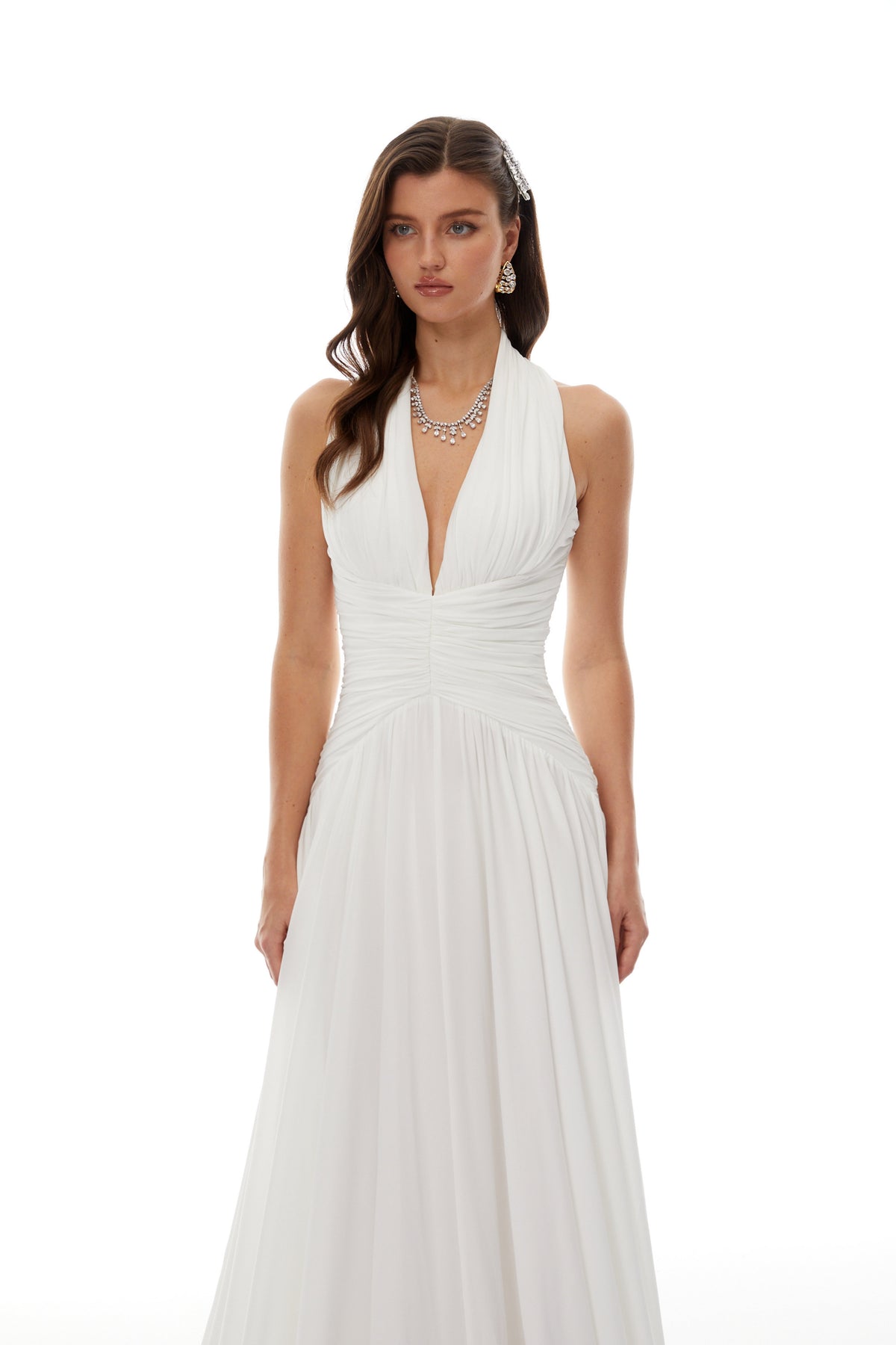 Ramona White Feather Hem Gathered Maxi Dress (Final Sale-US Only)