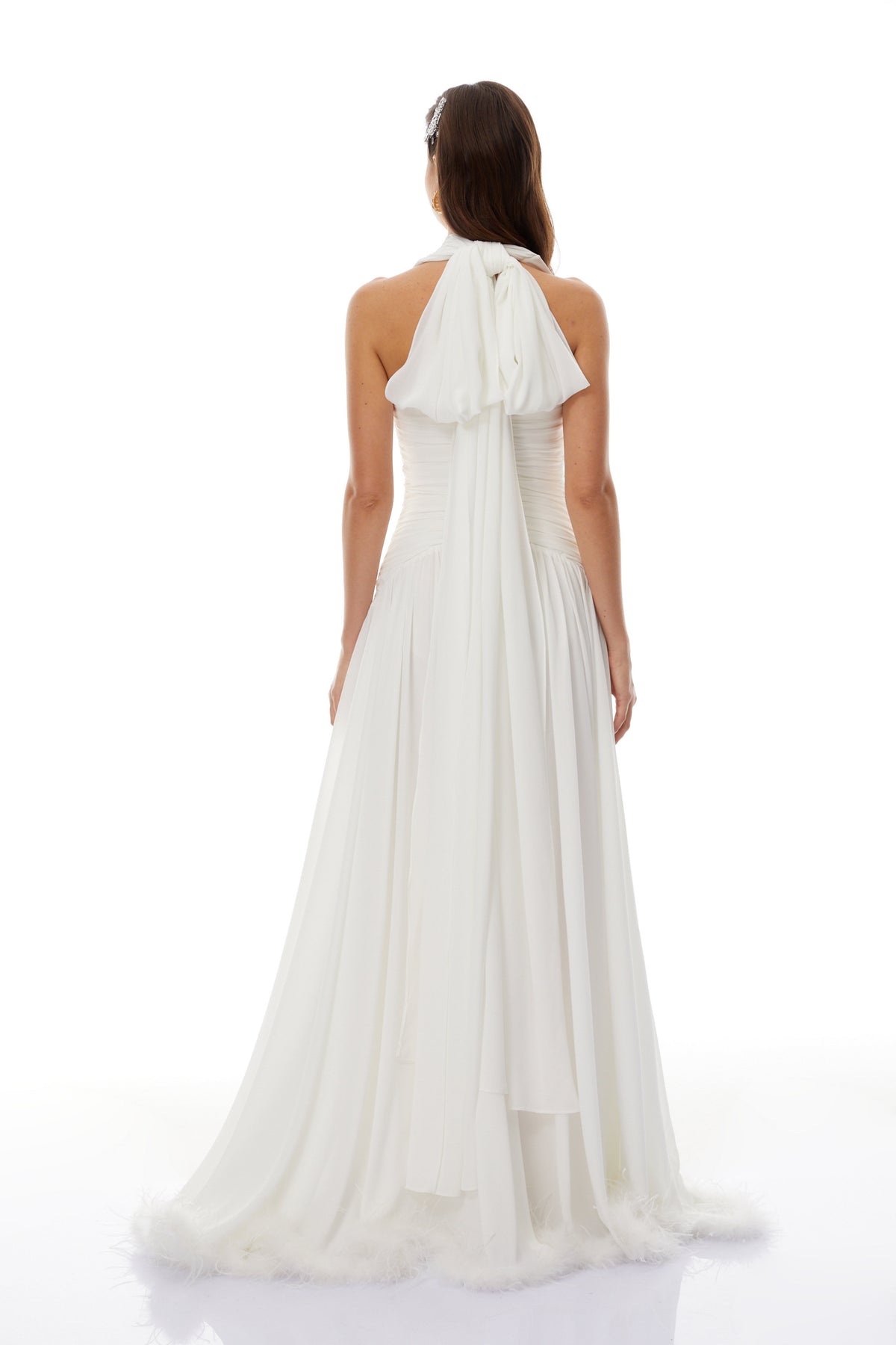 Ramona White Feather Hem Gathered Maxi Dress (Final Sale-US Only)