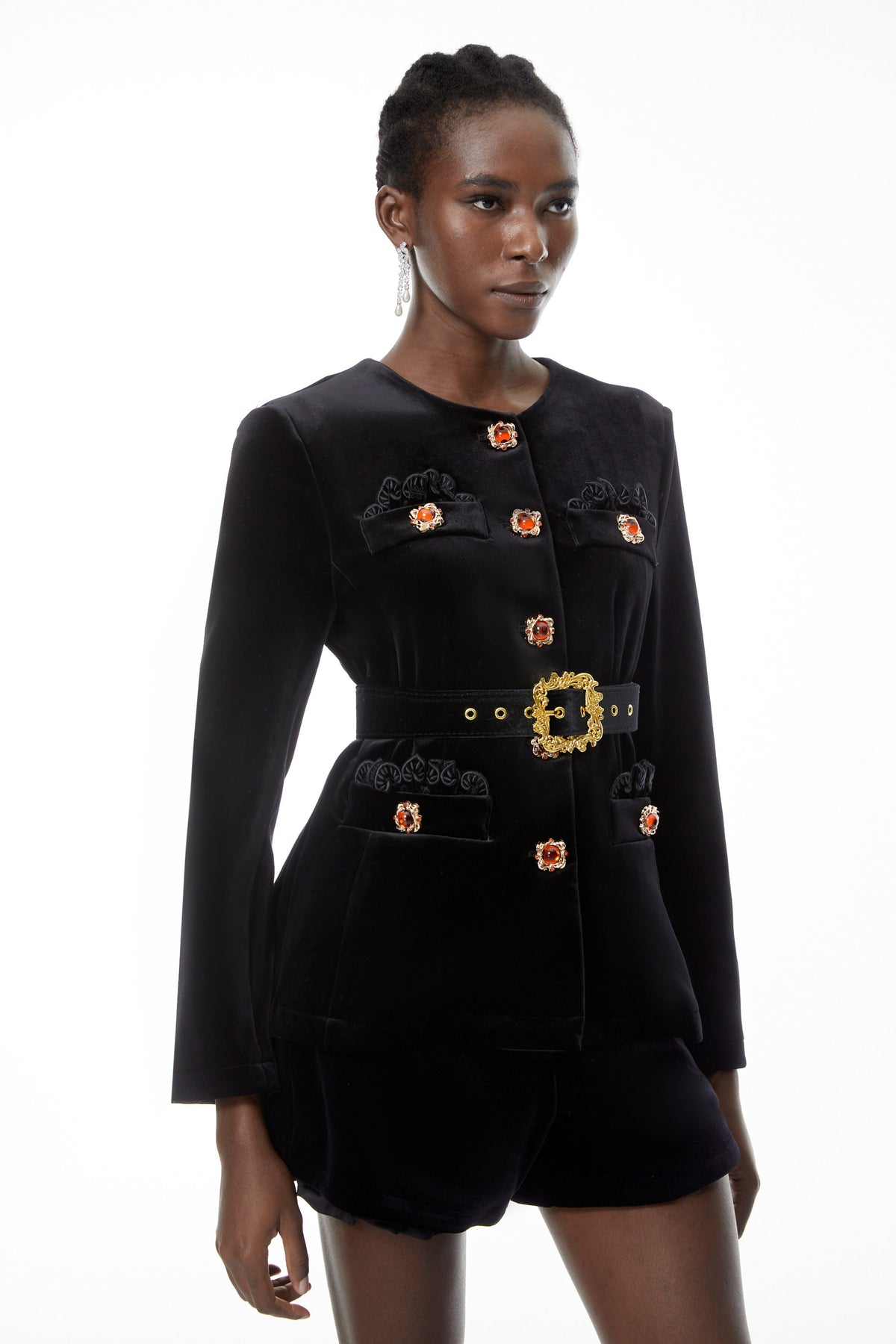 Reese Black Embellished Velvet Blazer & Shorts Set